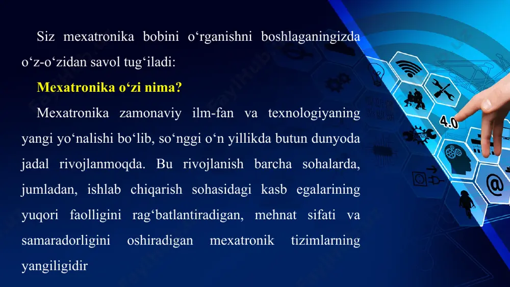 oshqariladigan harakatga ega mashina va mexanizmlarni loyihalashga nisbatan ishlatilgan. shu tariqa mexanika, informatika sohalaridagi hamda texnikaning ayrim tarmoqlaridagi (mikroprotsessorli texnika, mashinalar va agregatlarning harakatini kompyuterda boshqarish) bilimlar negizida hozirgi kunda jadal rivojlanayotgan yangi texnika fani sifatida vujudga keldi. this presentation uses a free template provided by fppt.com www.free-power-point-templates.com mexatronikaning maqsadi – yangi imkoniyatlarga ega bo‘lgan aqlli va harakatlanuvchi mashina va mexanizmlarni loyihalash va ishlab chiqarishdan iborat. mexatronikaning vazifasi – mexanika, elektronika va axborot texnologiyalari (kompyuter) sohalaridagi bilimlarni birlashtirishdir. ushbu sohalardagi bilimlarni birlashtirilishi natijasida mexatronikaning yangi g‘oyalari paydo bo‘ladi. this presentation uses a free template provided by fppt.com www.free-power-point-templates.com mexatronika – dastur asosida boshqariladigan mashina va mexanizmlar yaratish hamda ulardan foydalanishga yo‘naltirilgan mexanika, informatika va elektronika vositalari va tamoyillari majmuyidir. this presentation uses a free template provided by fppt.com www.free-power-point-templates.com ushbu ta’rif mexatronik tizimlarning mexanika, elektronika va kompyuter elementlarining chuqur o‘zaro bog‘liqligi g‘oyasiga asoslangan uch mohiyatni ta’kidlaydi. shu sababli, mexatronikaning ramziga …
