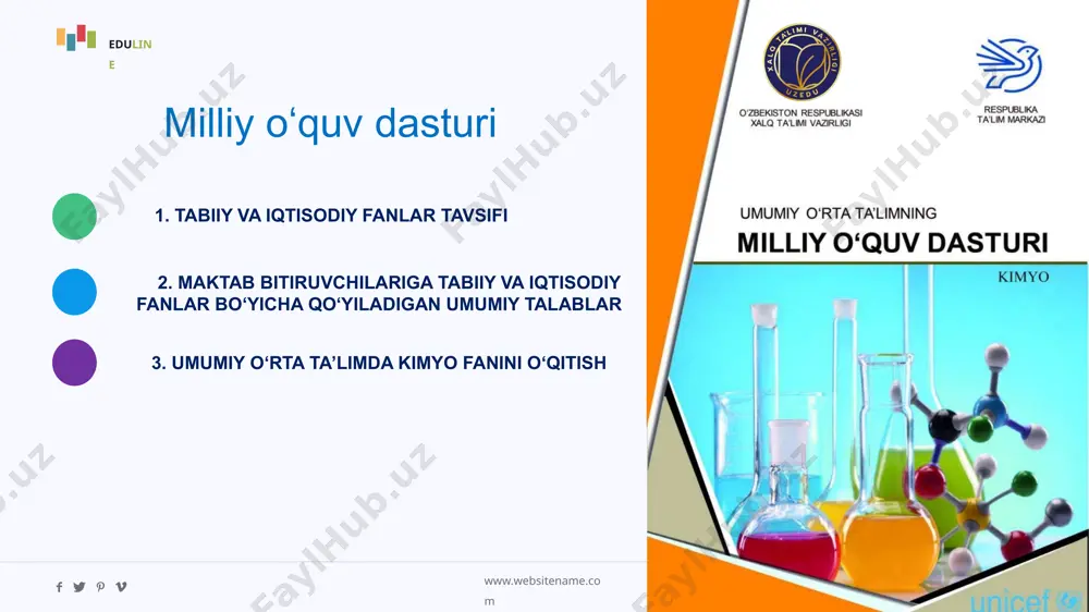 diy fanlarni o‘qitish jarayonining samaradorligini turli ko‘rinishdagi axborot-kommunikatsiya texnologiyalari va kompyuter texnikasidan foydalanish orqali oshirishga ulkan imkoniyatlarni yaratadi. informatika va axborot texnologiyalari www.websitename.com education & learning system ‹#› eduline ilmiy xabardorlik kompetensiyasi amaliy kompetensiya tabiiy va iqtisodiy fanlar orqali o‘quvchilarda tayanch kompetensiyalarni rivojlantirish bo‘yicha tavsiyalar maktab bitiruvchilariga tabiiy va iqtisodiy fanlar bo‘yicha qo‘yiladigan umumiy talablar (umumiy o‘rta ta’lim bitiruvchilariga qo‘yiladigan talablar) www.websitename.com education & learning system ‹#› eduline 01 02 03 nazariy bilimlar asosida turli tabiiy ob’ektlar, hodisa va jarayonlarning o‘ziga xos xususiyatlarini biladi, tasavvur qiladi va mohiyatini tushunadi kundalik hayotda kuzatadigan tabiiy hodisa va jarayonlarni tabiiy fanlarga oid atamalar, tushunchalar hamda umumiy qonuniyatlarni olgan bilim, ko‘nikma va malakalariga tayanib tushuntiradi, amalda qo‘llaydi hodisalarni kuzatadi, tadqiqotlar, tajribalar o‘tkazadi va zaruriy kattaliklarni asboblar (sekundomer, tarozi, o‘lchov tasmasi, termometr va h.k.) yordamida o‘lchaydi, hisoblash ishlarini bajaradi ilmiy xabardorlik kompetensiyasi www.websitename.com education & learning system ‹#› eduline step-1 step-2 step-3 turli axborot manbalarida …