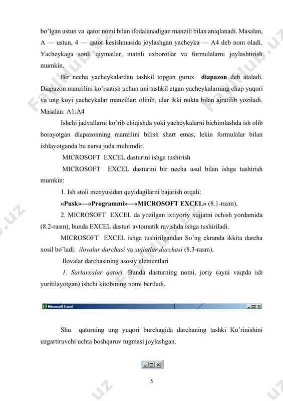 rorlovchi tugmalardan (piktogrammalar)dan iborat. b) bichimlash uskunalari paneli, buyruqlarni kursatuvchi va kiritilayotgan axborotlarni bichimlashga imkon beruvchi tugmalardan iborat. 4. formulalar qatori. microsoft excel ga ma`lumotlar kiritilayotganda barcha axborotlar, matnlar, sonlar va formulalar mana shu qatorda aks ettiriladi. 5. nom maydoni. bu maydonda joriy ishchi kitobning faol yacheykalarining manzili va nomi ko’rsatiladi. nom maydoni diapazon (yacheykalar guruxi)ga yoki tanlangan yacheykaga tezda nom berish uchun xam ishlatiladi. agar sichqoncha ko’rsatkichini nom maydonidan ung tomonda joylashgan strelka ustiga olib borib sichqonchaning chap tugmasini bossak, unda faol ishchi kitobidagi nomlangan yacheykalar va diapazonlarning ( agar ular mavjud bo’lsa) xamma nomlarini birma-bir ko’rib chiqish mumkin. 6. xolat qatori. unda yacheykaga tegishli turli ma`lumotlar ko’rsatiladi. elektron jadvallar hayotning har xil sohasida uchraydigan hisoblash va iqtisodiy masalalarni echishda, jumladan, berilganlarni tez o’zgartirib turuvchi masalalarni tezkorravishda ishlab chiqishda, masalan, bank hujjatlari bilan ishlashda kabi keng ko’lamli masalalarni echishda qo’llaniladigan o’ta quvatli vosita hisoblanadi. hisoblash elektron jadvalining dastlabki dasturi …