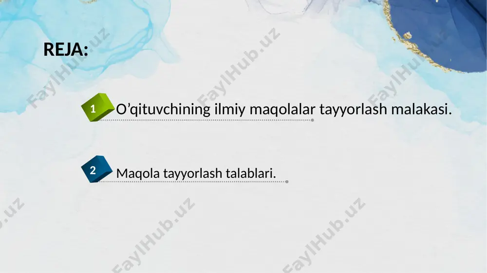 al classification) kodini maqolada qayerda joylashtirish kerak? annotatsiya – maqola yoki nashr haqidagi qisqa axborot; hujjat; uning bir qismi yoki hujjatlar guruhining maqsadi, mazmuni, shakli va boshqa o‘ziga xos xususiyatlari nuqtai nazaridan tavsifnomasi. annotatsiya – boshlang‘ich ma’lumot sifatida , hujjatda nima haqida so‘z borishiga javob beradi . kompozitsiyasi mazmunan mantiqiy bo‘ladi va dastlabki matn kompozitsiyasidan farqlanishi mumkin . tili lo‘ndaligi , soddaligi , aniqligi bilan ajralib turadi . ma’lumotlarning tanlanishi , ularning ifodalanishi va joylashuvi annotatsiya tusiga bog‘liq bo‘ladi . o‘rtacha hajmi - 500 bosma belgi , kam hollarda – 800 – 1000. annotatsiyani tuzishga qo‘yiladigan asosiy talablar rasmiylashtirishga oid savollar: 7. xat boshi (abzats) qancha bo‘lishi kerak? 6. matn uchun qaysi shrift va qator oralig‘i belgilangan? 9. foydalanilgan adabiyotlar qanday tartibda yoziladi? 8. annotatsiya qancha so‘zdan iborat bo‘lishi kerak? 10. sarlavhani qanday holatda yozish lozim? kirish= ma+md+at bu yerda; ma – mavzuning asoslanishi, md – mavzuning dolzarbligi, at – …