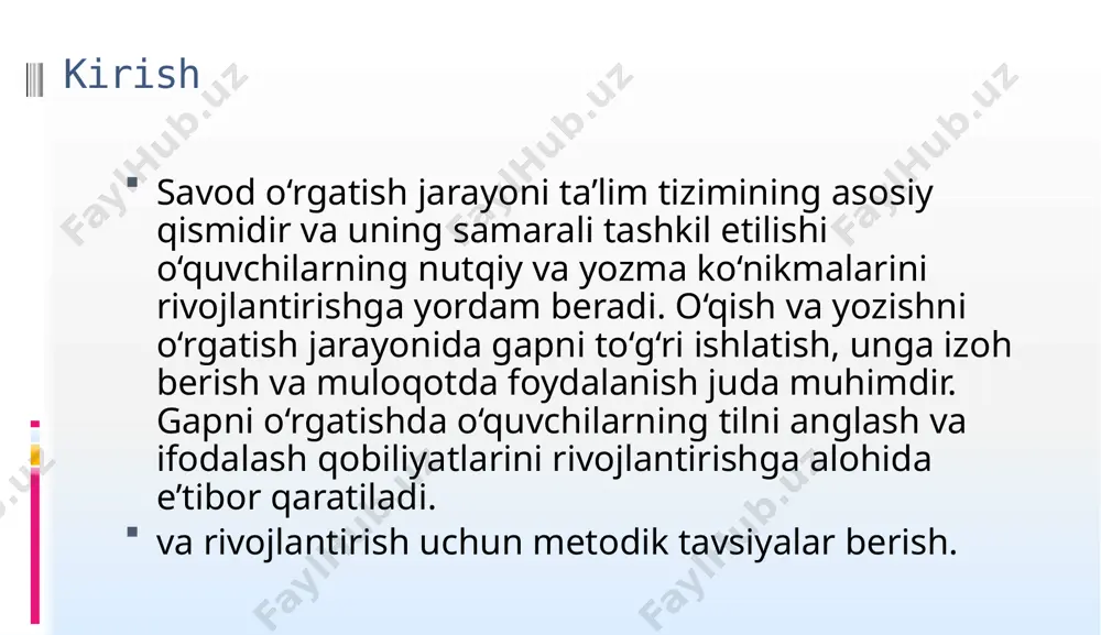 kurs ishida asosiy vosita sifatida ishlatiladi: tahlil va sintez metodi bu metod orqali savod o‘rgatish jarayonida gapni o‘rgatishning nazariy asoslari va amaliy usullari tahlil qilinadi. o‘rganilayotgan materiallar, ilmiy adabiyotlar va mavjud metodikalarni chuqur o‘rganish orqali asosiy xulosalar chiqariladi. eksperimental metod kurs ishida o‘quvchilarda gapni to‘g‘ri ishlatish ko‘nikmalarini rivojlantirish jarayonini tajriba orqali sinab ko‘rish. bu metod orqali o‘quvchilarga turli mashqlar va darslar yordamida gapni to‘g‘ri ishlatish qobiliyatlari rivojlantiriladi. eksperiment orqali o‘quvchilarning natijalari kuzatiladi va tahlil qilinadi. qiyosiy metod turli metodik yondoshuvlar va usullarni bir-biri bilan taqqoslash orqali samarali bo‘lgan usullar aniqlanadi. bu metod yordamida savod o‘rgatish jarayonida gapni ishlatishning eng samarali usullari va metodlari taqqoslanadi. mavzu bilan bog‘liq asosiy tushunchalar va nazariy qarashlar. savod o‘rgatish – bu jarayonning asosiy maqsadi o‘quvchilarga o‘qish va yozish malakalarini shakllantirishdir. savod o‘rgatish orqali o‘quvchilar nutqni aniq ifodalash va yozma ravishda o‘z fikrlarini to‘g‘ri ko‘rsatish qobiliyatiga ega bo‘ladi. savod o‘rgatishda gapni to‘g‘ri ishlatish, talaffuz va sintaksisning …