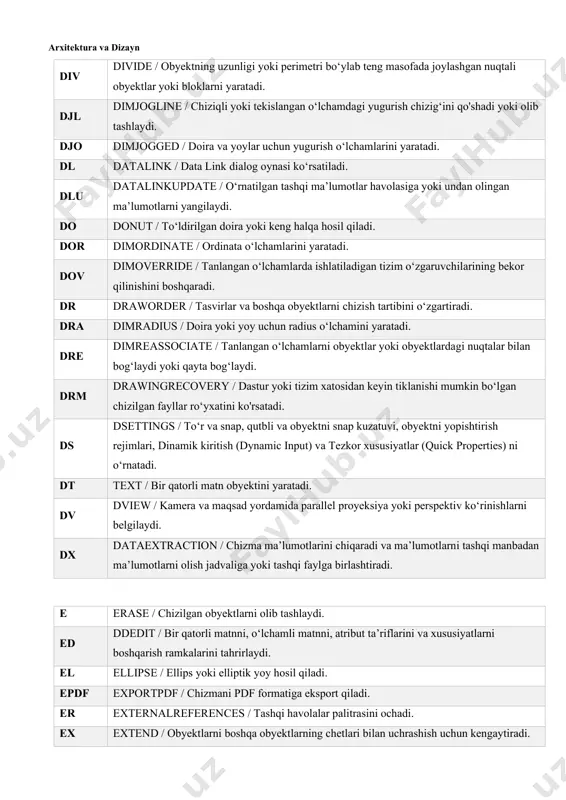 irlar va boshqa obyektlarni chizish tartibini o‘zgartiradi. dra dimradius / doira yoki yoy uchun radius o‘lchamini yaratadi. dre dimreassociate / tanlangan o‘lchamlarni obyektlar yoki obyektlardagi nuqtalar bilan bog‘laydi yoki qayta bog‘laydi. drm drawingrecovery / dastur yoki tizim xatosidan keyin tiklanishi mumkin bo‘lgan chizilgan fayllar ro‘yxatini ko'rsatadi. ds dsettings / to‘r va snap, qutbli va obyektni snap kuzatuvi, obyektni yopishtirish rejimlari, dinamik kiritish (dynamic input) va tezkor xususiyatlar (quick properties) ni o‘rnatadi. dt text / bir qatorli matn obyektini yaratadi. dv dview / kamera va maqsad yordamida parallel proyeksiya yoki perspektiv ko‘rinishlarni belgilaydi. dx dataextraction / chizma ma’lumotlarini chiqaradi va ma’lumotlarni tashqi manbadan ma’lumotlarni olish jadvaliga yoki tashqi faylga birlashtiradi. e erase / chizilgan obyektlarni olib tashlaydi. ed ddedit / bir qatorli matnni, o‘lchamli matnni, atribut ta’riflarini va xususiyatlarni boshqarish ramkalarini tahrirlaydi. el ellipse / ellips yoki elliptik yoy hosil qiladi. epdf exportpdf / chizmani pdf formatiga eksport qiladi. er externalreferences …