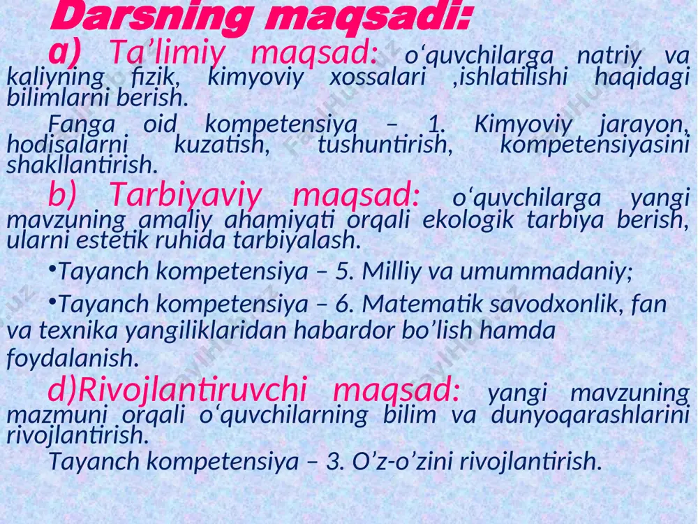 hqoriy metallarning gidroksidlari indikatorlarga qanday ta’sir qiladi? 12. o’zbekistonda nacl konlari qaysi hududlarda mavjud? 13.qaysi ishqoriy metallar suv bilan reaksiyaga kirishganda aiangalanib ketadi? 14.qaysi ishqoriy metallar suv bilan reaksiyaga kirishganda portlab ketadi? 15.ochiq havoda o’z-o’zidan alangalanib ketadigan ishqoriy metallar qaysi? 16.k va uning analoglari qanday idishlarda saqlanadi? 17.natriy ishlatilish sohalari. 18.kaliy ishlatilish sohalari. 19.natriy va kaliy galogenlar bilan nima hosilqiladi? 20.natriy va kaliy vodorod bilan nima hosil qiladi ? 1. tabiatda uchrasi. 2.inson tanasida uchrashi. 3.olinishi. 4.fizik xossalari. 5.kimyoviy xossalari. 6.ishlatilishi. qisqa tarixiy ma’lumot natriy va kaliyni ingliz olimi ( fizik, kiyogar, agrokimyogar,ixtirochi,elektrokimyo asoschilaridan biri ) gemfri devi tomonidan 1807-yil oktyabrda kashf etilgan. natriy – sodium kaliy– potassium tabiatda uchrashi. natriy va kaliy tabiatda keng tarqalgan bo‘lib, faqat birikmalar shaklida ko‘plab tog‘ jinslari va minerallar tarkibiga kiradi. natriy xlorid (osh tuzi) ko‘l, dengiz va okean suvlarida, ayrim joylarda esa toshtuz shaklida yer ostida 100 m qalinlikkacha bo‘lgan qatlamlarni tashkil qilgan …