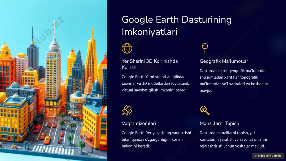 earth, turli yo'llarni ko'rsatish orqali sizga sayohat qilishda yordam beradi. boshqa ma'lumotlar dasturda, iqlim, aholisi zichligi va boshqa ko'plab ma'lumotlar mavjud. 5 manzillarni topish va yo'l xaritalarini yaratish 1 qidirish funksiyasi google earth, manzillarni topish va yo'llarni rejalashtirish uchun qidirish funksiyasini taklif etadi. 2 yo'l xaritalari dastur, siz tanlagan manzillar orasidagi yo'llarni ko'rsatishga qodir. 3 street view google earth, ko'chalarning 360 darajali ko'rinishlarini taqdim etadi. 6 qiyin kirish joylarga virtual sayohat o'rmonlar siz o'rmonlarni, tog'larni va boshqa qiyin kirish joylarini virtual ravishda o'rganishingiz mumkin. tog'lar google earth, bu joylarning 3d modellari va tasvirlarini taqdim etadi. boshqa joylar siz tarixiy joylar, milliy bog'lar va boshqa qiziqarli joylarni ko'rishingiz mumkin. 7 vaqt intizomlari va yer yuzasining tarixiy o'zgarishlarini nazorat qilish 1 vaqt intizomlari 2 sun'iy yo'ldosh tasvirlari 3 tarixiy o'zgarishlar 4 yer yuzasining o'zgarishi 8 ekologiya va tabiiy resurslarni o'rganish 1 ekologiya google earth, turli xil ekologik ma'lumotlarni, masalan, o'rmonlarni ko'rsatadi. 2 …