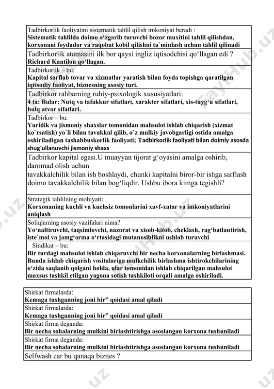 radi : sistematik tahlilda doimo o‘zgarib turuvchi bozor muxitini tahlil qilishdan, korxonani foydador va raqobat kobil qilishni ta`minlash uchun tahlil qilinadi tadbirkorlik atamasini ilk bor qaysi ingliz iqtisodchisi qo‘llagan edi ? richard kantilon qo‘llagan. tadbirkorlik – bu: kapital sarflab tovar va xizmatlar yaratish bilan foyda topishga qaratilgan iqtisodiy faoliyat, biznesning asosiy turi. tadbirkor rahbarning ruhiy-psixologik xususiyatlari: 4 ta: bular: nutq va tafakkur sifatlari, xarakter sifatlari, xis-tuyg‘u sifatlari, hulq atvor sifatlari. tadbirkor – bu: yuridik va jismoniy shaxslar tomonidan mahsulot ishlab chiqarish (xizmat ko`rsatish) yo`li bilan tavakkal qilib, o`z mulkiy javobgarligi ostida amalga oshiriladigan tashabbuskorlik faoliyati; tadbirkorlik faoliyati bilan doimiy asosda shug‘ullanuvchi jismoniy shaxs tadbirkor kapital egasi.u muayyan tijorat g‘oyasini amalga oshirib, daromad olish uchun tavakkalchilik bilan ish boshlaydi, chunki kapitalni biror-bir ishga sarflash doimo tavakkalchilik bilan bog‘liqdir. ushbu ibora kimga tegishli? strategik tahlilning mohiyati: korxonaning kuchli va kuchsiz tomonlarini xavf-xatar va imkoniyatlarini aniqlash soliqlarning asosiy vazifalari nima? yo‘naltiruvchi, taqsimlovchi, nazorat …