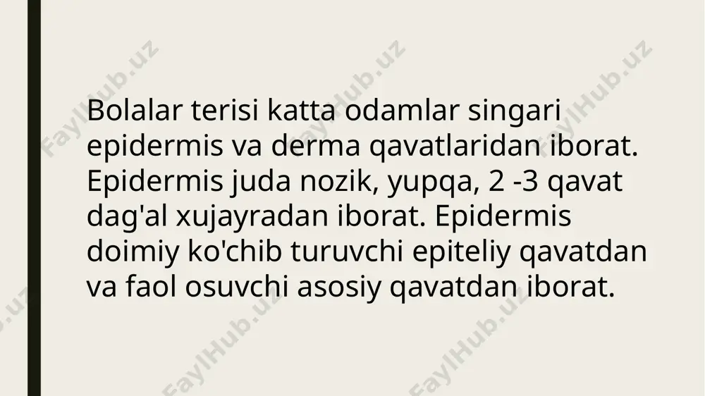 keyin barmoqlarni qo'yib yuboriladi. agar teri burmalari barmoqlarni olgandan so'ng darrov tarqalsa teri elastikligi normal hisoblanadi. agar teri burmalarining tarqalishi sekin asta yuz bersa, teri elastikligi pasaygan hisoblanadi. qaerda teri osti yog' qavati kam bo'lsa, o'sha yerda terini ushlash lozim: qo'lning ustki yuzasi; ko'krak qafasining oldingi yuzasi, qovurg'alar ustida, tirsakning egilgan joyida. teri osti yog’ qavatini baholash uchun chuqur palpasiya talab etiladi (terini tekshirishga qaraganda): o'ng qo'l bosh va ko'rsatgich barmoqlari bilan teri va teri osti yog' qavati ushlab olinadi. teri osti yog' qavatining qalinligiga qarab, normal, ko'p va yog 'to'planishi yetarli emas deb aytiladi. teri osti yog’ qavatining tekis yo'ki notekis tarqalganligiga e'tibor beriladi. teri osti yog' qavati qalinligini quyidagi ketma-ketlikda aniqlanadi: ➤ avval qorinda - kindik tengligida va undan tashqarida ➤ to'sh suyagida o'ng qirrasida ➤ orqada kurak ostida ➤ oyoq-qo'llarida - son va yelka ichki orqa yuzasida. yumshoq to'qimalar turgori o'ng qo'l bosh va ko'rsatgich barmoqlari bilan …