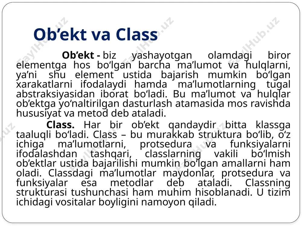 olor; string number; int cost; private: int kuzov_number; string damages; }; vorislik class nexia : public avto { public: string owner; private: string dv_nomer; }; polimorfizm - bu turli klasslarga kirgan metodlar uchun bir hil nomlardan foydalanish imkoniyatidir. polimorfizm konsepsiyasida ob’ektga nisbatan metod qo‘llanganida aynan ob’ektning klassiga mos keluvchi metoddan foydalanishni ta’minlaydi. polimorfizm shunday holatki, bunda qandaydir bitta narsa ko'p shakllarga ega bo'ladi. dasturlash tilida «ко'р shakllar» deyilganda, bitta nom avtomatik mexanizm tomonidan tanlab olingan turli kodlarning nomidan ish ko'rishi tushuniladi. shunday qilib, poli- morfizm yordamida bitta nom turli xulq-atvorni bildirishi mumkin. polimorfizm polimorfizm polimorfizm class figura { int balandligi; int eni; void chizish() }; class turtburchak:public figura { int a,b; void chizish() { rectangle(a,b) } } class aylana:public figura { int r; void chizish() { circle(r) } } class uchburchak:public figura { int a,b,c; void chizish() { triangle(a,b,c); } } image2.png /docprops/thumbnail.jpeg