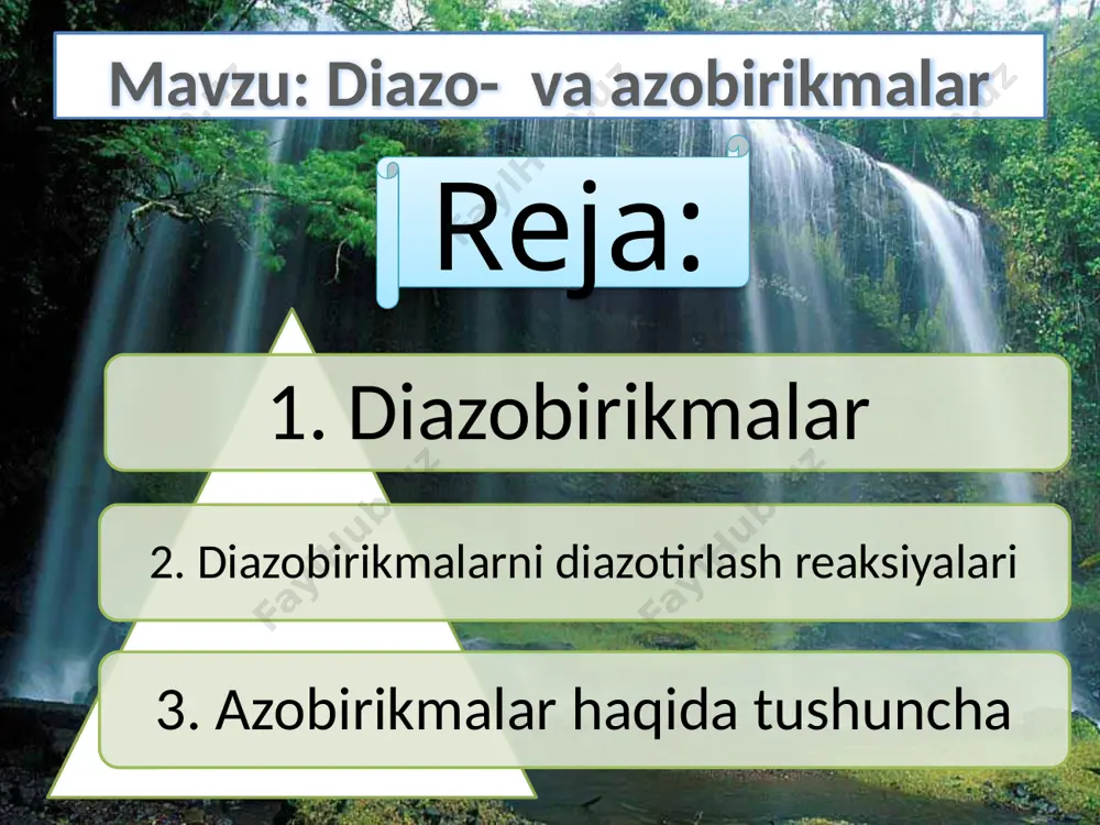 tirlanadi, keyin atsil guruhi ishqor bilan gidroliz qilib chiqarib yuboriladi. buni quyidagi sxema bilan ko`rsatish mumkin: aim.uz diazometan sariq-yashil, zaharli gaz. reaksi-yaga kirishish qobiliyati yuqori. kislotalar, spirtlar, fenollar, al'degidlar bilan oson reak-siyaga kirishadi. ishqorlar ta'siriga chidamli. diazometan ta'sirida karbon kislotalardan efir olish karbon kislotalarning metil efirini olish-ning eng oson usuli hisoblanadi. quyida diazo-metanning ba'zi reaksiyalari keltirilgan: aim.uz agar atsillash reaksiyasida diazometan ortiq-cha olinsa, metilen guruhidagi vodorod atsil guruhga almashinadi, ajralib chiqqan vodorod xlorid ortiqcha diazometan bilan metil xlorid hosil qiladi: shunday qilib, diazometandan diazoketon oli-nadi. bu reaksiya diazometan molekulasidagi vodorodlar harakatchan ekanini ko`rsatadi. bu diazometanning metalli hosilalarining olinishi bilan ham isbotlanadi: aim.uz diazometan fotokimyoviy parchalanishga uch-ratilsa, polimerlanadi: shmits diazometanning izomeri-siklik diazo-metanning sintezini amalga oshirdi: aim.uz e’tiboringiz uchun raxmat! aim.uz image1.jpeg image2.png image3.png image4.png image5.png image6.png image7.png image8.png image9.png