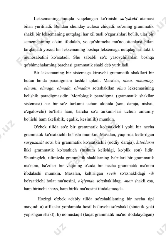 ham affiks, ham nomustaqil so'z yordamida ifoalangan shakl (sintetik-analitik yoki aralash shak); g) so'zlarnmg takroridan hosil bo'lgan shakl yoki takroriy shakl). sintetik shakl affiksning tabiatiga qarab ikki ko'rinishga ega: a) affiksi moddiy shaklga ega bo'lmagan (nol shaklli) so'zshakl (shoir she 'g o'qiydi gapidagi shoir so'zi bosh kelishikda va birlik sonda bo'lib, bu ma'noni ifodalovchi shakl nol shakl deyiladi); b) affiksi moddiy shaklga ega bo'lgan so'zshakl (keltirilgan gapdagi o'qiydi so'zshaklining hozirgi-kelasi zamon, iii shaxs birlik ma'nolari moddiy shaklli vosita bilan ifodalangan). she v o'qidi birikuvidagi she'r so'zi belgisiz tushum kelishigida bo'lib, u nol shakl sifatida qaralmaydi. «o'zbek tilining, boshqa turkiy tillarda bo'lgani kabi, asosiy belgilaridan biri bo'lgan nol shakl masalasi hali etarlicha o'rganilmagan va uning o'ziga xos xususiyatlarini ochish tilshunosligimiz oldida turgan dolzarb muammolardan biri sanaladi.» (h.ne'matov.) analitik so'zshakllar nomustaqil ma'noli (asosan,yordamchi) so'zlar yordamida hosil qilinadi: maktab uchun, kelajak sari. sintetik-analitik shakl ham affiks, ham yordamchi so'z yoki uordamchi so'z vazifasidagi …