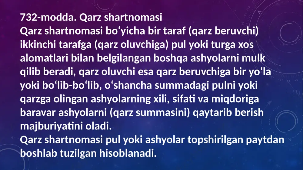 o‘lash tartibi va muddatlari qarz shartnomasi bilan belgilanadi. agar foizlar to‘lash tartibi va muddatlari shartnomada belgilangan bo‘lmasa, ular asosiy qarzni qaytarish uchun shartnomada nazarda tutilgan tartibda va muddatlarda to‘lanadi. aniq maqsadli qarz agar qarz shartnomasi qarz oluvchining mablag‘lardan aniq maqsadda (aniq maqsadli qarz) foydalanishi sharti bilan tuzilgan bo‘lsa, qarz oluvchi qarz beruvchiga qarz summasidan aniq maqsadda foydalanilishini nazorat qilish imkoniyatini ta’minlab berishi shart. qarz oluvchi qarz shartnomasining qarz summasidan aniq maqsadda foydalanish haqidagi shartlarini bajarmagan taqdirda, agar shartnomada boshqacha tartib nazarda tutilgan bo‘lmasa, qarz beruvchi qarz oluvchidan qarz summasini muddatidan oldin qaytarishni va tegishli foizlarni to‘lashni talab qilishga haqli. veksel taraflarning kelishuviga muvofiq qarz oluvchi veksel bergan bo‘lib, bu veksel uni beruvchining (oddiy veksel) yoki vekselda ko‘rsatilgan boshqa to‘lovchining (o‘tkazma veksel) vekselda nazarda tutilgan muddat kelgach, qarzga olingan pul summalarini to‘lash haqidagi hech qanday shart bilan bog‘lanmagan majburiyatini tasdiqlasa, taraflarning veksel bo‘yicha munosabatlari qonunchilik bilan tartibga solinadi. kredit 744-modda. kredit …