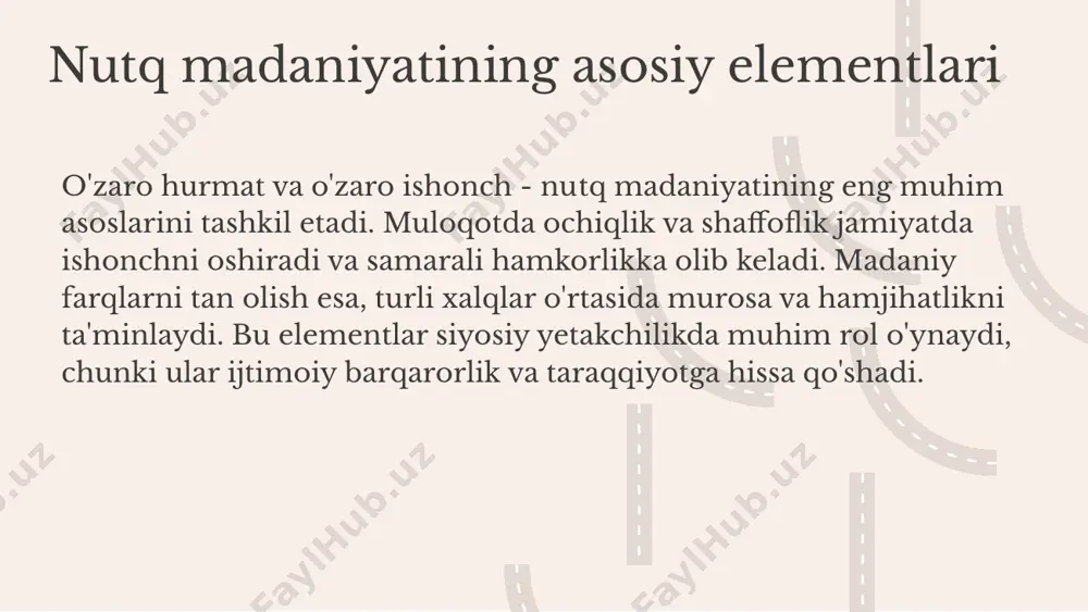 giyalarining rivojlanish tendensiyalari: 1. sun'iy intellekt: muloqot jarayonlarini avtomatlashtirish va oqilona qarorlar qabul qilishda yordam beradi. 2. mobil texnologiyalar: mobil ilovalar orqali odamlar o'zaro muloqot qilish imkoniyatlarini kengaytiradi. 3. ijtimoiy tarmoqlar: siyosiy liderlar va jamoatchilik o'rtasida to'g'ridan-to'g'ri muloqot o'rnatishga yordam beradi. 4. virtual va kengaytirilgan haqiqat: muloqot va taqdimotlarni yanada interaktiv va qiziqarli qilish imkoniyatini yaratadi. 5. bulutli texnologiyalar: ma'lumotlar va resurslarni tez va qulay tarzda baham ko'rish imkonini beradi. kelajakdagi siyosiy liderlikda muloqot texnologiyalarining roli: muloqot texnologiyalari siyosiy liderlarga o'z fikrlarini tezda yetkazish, jamoatchilik fikrini o'rganish va ijtimoiy tarmoqlarda muloqotni kuchaytirish imkonini beradi. bu texnologiyalar orqali liderlar jamiyat bilan yanada yaqin aloqada bo'lishlari mumkin. xulosa va kelajak istiqbollari: muloqot texnologiyalarining rivojlanishi siyosiy liderlik uchun yangi imkoniyatlar yaratadi. kelajakda bu texnologiyalar yordamida innovatsion va samarali muloqot o'rnatish muhim ahamiyatga ega bo'ladi. grafik yoki diagramma qo'shish muloqot jarayonlarini yanada tushunarli qilishga yordam beradi. fikr almashish va yetakchilikning o'zaro aloqasi yetakchilik jarayonida …