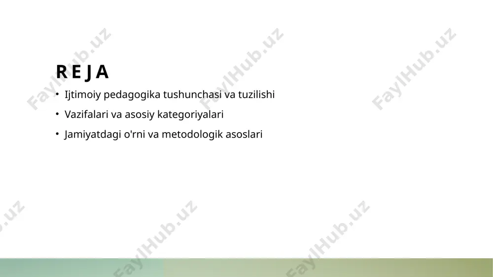 t va birlikni mustahkamlashda muhim rol o'ynaydi. ijtimoiy pedagogikaning tuzilishi: asosiy komponentlar va ularga ta'siri. 01 asosiy komponentlar ijtimoiy pedagogikaning tuzilishi ta'lim, tarbiya, va ijtimoiy faoliyatdan iborat. bu komponentlar o'zaro bog'lanib, samarali ta'sir ko'rsatadi. 02 ta'sir mexanizmlari ijtimoiy pedagogika ta'sir mexanizmlari orqali jamiyatda ijtimoiy o'zgarishlarni ta'minlaydi. ta'lim jarayonida ishtirok etish orqali ijtimoiy muammolar hal qilinadi. 03 o'zaro aloqalar ijtimoiy pedagogikadagi komponentlar o'rtasidagi aloqalar o'quvchilar va o'qituvchilar o'rtasidagi munosabatlarni mustahkamlashga yordam beradi, ijtimoiy barqarorlikni oshiradi. ijtimoiy pedagogika va madaniyat: o'zaro aloqalar va ta'sirlar. 1 ijtimoiy pedagogika va madaniyat ijtimoiy pedagogika madaniyat bilan o'zaro aloqada bo'lib, ta'lim jarayonida milliy qadriyatlarni saqlash va rivojlantirishda muhim rol o'ynaydi. 2 madaniyat va ta'lim ta'lim jarayonida madaniyat elementi muhim bo'lib, o'quvchilarning shaxsiyati va insoniy munosabatlarini shakllantirishga yordam beradi, ular o'zligini rivojlantiradi. 3 ijtimoiy ta'sirlar ijtimoiy pedagogika ijtimoiy muhit va madaniyat o'rtasidagi bog'lanishni kuchaytirib, jamiyatdagi ijtimoiy o'zgarishlarga ta'sir ko'rsatadi va innovatsiyalarni qo'llab-quvvatlaydi. ijtimoiy pedagogika metodologiyasi: nazariy asoslar …