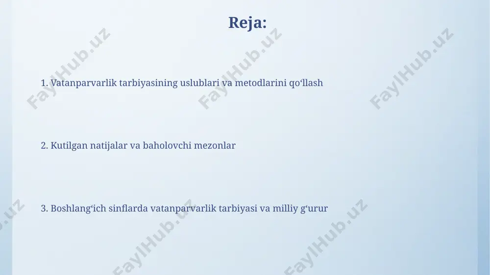 ifobaxsh buloqlar, mamlakatning ekologik xilma-xilligini namoyish etadi. vatanga sadoqat va mas’uliyat tuygʻusini tarbiyalash maktabda o'tkaziladigan bayramlar, masalan, mustaqillik bayrami yoki navro'z, 8-mart singari tadbirlar yordamida o'quvchilarga milliy qadriyatlarni, vatanimizga bo'lgan mas’uliyat va sadoqat tuyg’usini singdirish mumkin. "vatanga sadoqat" mavzusida o'tkazilgan tadbirlar soni 2023 yilda toshkentdagi 5 ta maktabda o'rtacha 10 tadan oshgan bo'lib, bu bolalarning faol ishtirokini va vatan himoyasiga tayyorligini ko'rsatadi. milliy gʻurur va iftixor tuygʻusini shakllantirish samarqanddagi registon maydoni singari tarixiy joylarga virtual sayohatlar tashkil etish orqali 6-sinf o‘quvchilarida 30% ga yaqin milliy g‘urur va iftixor hissi oshishi kuzatiladi. milliy qahramonlar hayoti, masalan, amir temur yoki alisher navoiy haqidagi 5-7 yoshdagi bolalar uchun soddalashtirilgan hikoyalar orqali 10 ta maktabda milliy g‘urur tuyg‘usi kuchayishi mumkin. davlat ramzlari va ularning ahamiyati davlat bayroғининг 12 yulduzi va 12 ta viloyatni ifodalashi, shuningdek, uning ko'k, oq va yashil ranglarining o'ziga xos ramziy ma'nolarini tushuntirish, o'zbekistonning geografik joylashuvini hisobga olgan holda, milliy birlikni …