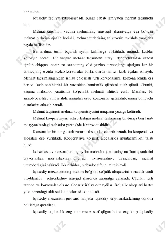 y natijaga erishish yo`lini bildiradi. iqtisodiy tanlov qoidasi inson xatti-harakatlari uning manfaatiga qaratilgani uchun «qaysi biri foydali, qaysi biri zararli ekanligi o`ziga ravshan bo`lgach foydalisini tanlayda va olib o`zlashtiradi, zararlisiii rad etadi. muayyan makondagi tabiat resurslari ma`lum miqdordagi jon-zodlarni boqishi mumkin. bu qoidaning insoniyatga ham aloqasi bor. ammo resurslar taqchilligi fan-texnika taraqqiyoti tufayli susayadi. baribir tabiiy resurslar miqdori bilan aholi soni o`rtasida ma`lum nisbat bo`lishi kerak. resurslar qanchalik ko`p bo`lmasin, ular chegaralangan vaqt davomida ma`lum miqdordagi aholining farovon yashashi uchun kifoya qiladi. aholi soni ortib, uning ehtiyoji oshgani sari resurslar kamyobligi kuchayadi. shu sababli aholining ehtiyoji bilan tabiatning imkoni orasidagi tafovut kuchayib boradi. tanlash qoidasi shuki, resurslar cheklangan sharoitda ulardan nimani ishlab chiqarish iqtisodiy jihatdan ma`qul bo`lsa, resurslarni shunga sarflash yo`li tanlab olinadi. masalan, tikuvchilik fabrikasi imkoniga qarab nima tikishni ya`ni kostyummi, plashmi, paltomi, kurtkami, shu masalani o`ziga ma`qul usulda hal qiladi. fuqaro hamyonidagi puliga qarab qaerdan qaysi birini xarid …