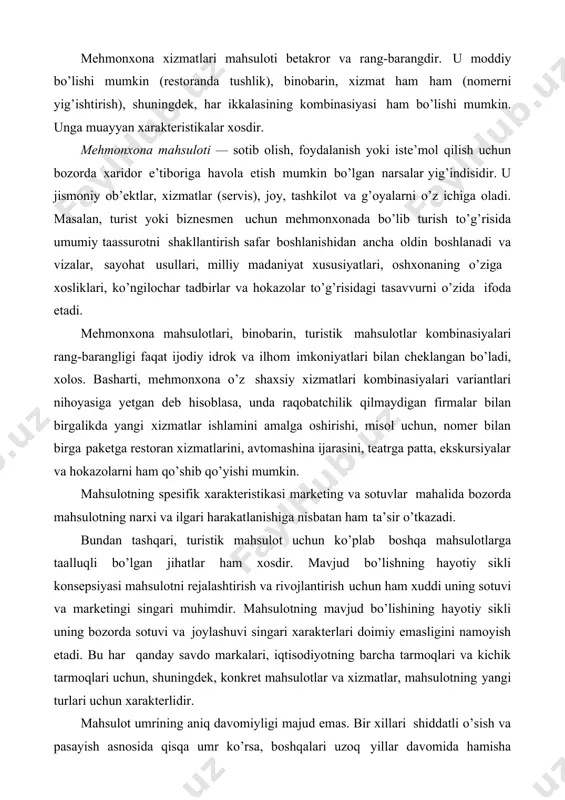 ikli uning bozorda sotuvi va joylashuvi singari xarakterlari doimiy emasligini namoyish etadi. bu har qanday savdo markalari, iqtisodiyotning barcha tarmoqlari va kichik tarmoqlari uchun, shuningdek, konkret mahsulotlar va xizmatlar, mahsulotning yangi turlari uchun xarakterlidir. mahsulot umrining aniq davomiyligi majud emas. bir xillari shiddatli o’sish va pasayish asnosida qisqa umr ko’rsa, boshqalari uzoq yillar davomida hamisha xaridorgir bo’ladi. mahsulotning hayot sikli to’rt fazadan iborat: 1. joriy etish — bu, mahsulot bozorga kiritiladigan, sotuvlar sekin o’sadigan bir davr bo’lib, bu bosqichda foyda bo’lmaydi; 2. o’sish — bu, o’sib borayotgan foyda bozorlariga mahsulotning tez kirib borish davridir. 3. etuklik — sotuvlar o’sishi to’xtashi davridir, chunki bu paytga kelib mahsulot potensial xaridorlarning ko’pchiligi tomonidan qabul qilingan bo’ladi. foyda esa, raqobatchilardan mahsulotni himoya qilish uchun marketing xarajatlari o’sishi tufayli baravarlashadi yoki pasayadi. 4. cho’kish — sotuvlar va foyda keskin tushib ketadigan davr. mehmonxona sanoati mahsulotlarining hammasi ham yagona namuna bo’yicha rivojlanmaydi. ayrim xizmatlar juda tez …