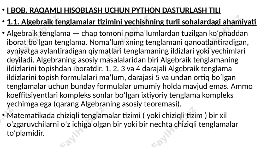 vli fazoda giper tekislikni aniqlaydi. yechimlar to‘plami bu giper tekisliklarning kesishmasi bo‘lib, n dan past har qanday o‘lchamga ega bo‘lishi mumkin bo‘lgan tekis bo‘ladi uch o‘zgaruvchidagi ikkita tenglama uchun yechim to‘plami, umuman olganda, chiziqdir. umuman olganda, chiziqli tizimning harakati tenglamalar soni va noma'lumlar soni o‘rtasidagi bog'liqlik bilan belgilanadi. bu erda "umuman" tenglamalar koeffitsientlarining o‘ziga xos qiymatlari uchun boshqa xatti-harakatlar sodir bo‘lishi mumkinligini anglatadi umuman olganda, noma'lumlardan kamroq tenglamalarga ega bo‘lgan tizim cheksiz ko‘p yechimlarga ega, ammo uning yechimi bo‘lmasligi mumkin. bunday tizim aniqlanmagan tizim sifatida tanilgan. umuman olganda, tenglamalar va noma'lumlar soni bir xil bo‘lgan tizim yagona yechimga ega. umuman olganda, tenglamalari noma'lumlardan ko‘p bo‘lgan tizimning yechimi yo‘q. bunday tizim, shuningdek, haddan tashqari aniqlangan tizim sifatida ham tanilgan. birinchi holda, yechim to‘plamining o‘lchami, umuman olganda, n - m ga teng, bu erda n - o‘zgaruvchilar soni va m - tenglamalar soni. quyidagi rasmlar ikkita o‘zgaruvchida ushbu trichotomiyani ko‘rsatadi: ikkinchitenglama birinchitenglama …
