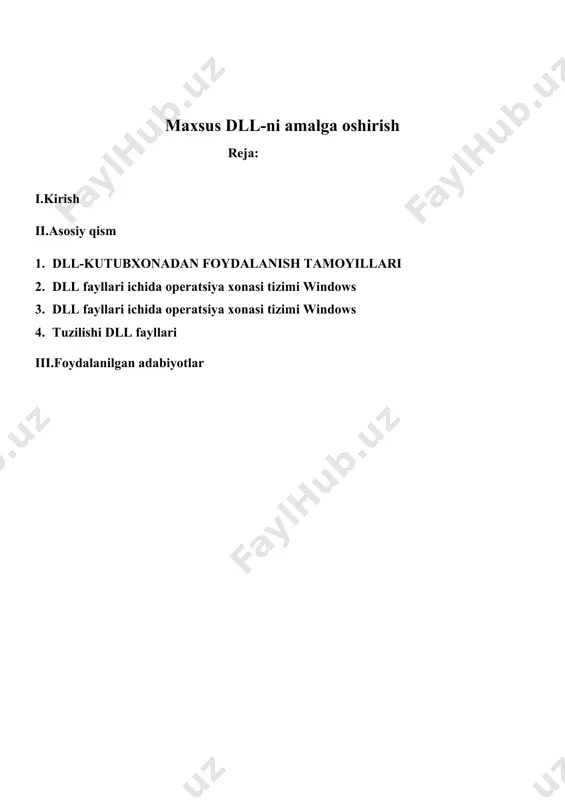 si esa win32 api funksiyalaridan foydalangan holda deklaratsiyani dinamik ravishda amalga oshirishdir. lekin baribir kutubxonaning ichki modullari faqat dastur ishlayotgan vaqtda xotiraga yuklanadi. dll-ni yuklash uchun operatsion tizim uni topishi kerak. ilova kutubxonani yuklashi va undan foydalanishi uchun operatsion tizim uni topib yuklashi kerak. operatsion tizimni standart qidirish quyidagi bo'limlarda amalga oshiriladi initsializatsiya moduli, agar jarayon muvaffaqiyatli yakunlangan bo'lsa, true qiymatiga ega parametrni yoki ishga tushirish jarayonida xatolik yuz bergan bo'lsa, noto'g'ri qiymati bilan parametrni qaytaradi. agar parametr noto'g'ri bo'lsa, barcha keyingi harakatlar bajariladi. kutubxona modullaridan foydalanishdan oldin kutubxonani dasturiy ta'minotga ulashingiz kerak. ulanish ikki yo'l bilan amalga oshirilishi mumkin. birinchisi, bitta tashqi funksiya yoki protsedurani e'lon qilish, ikkinchisi esa win32 api funksiyalaridan foydalangan holda deklaratsiyani dinamik ravishda amalga oshirishdir. lekin baribir kutubxonaning ichki modullari faqat dastur ishlayotgan vaqtda xotiraga yuklanadi. dll-kutubxonadan foydalanish tamoyillari kutubxonaning dll formatidagi dastur kodi ko'pchilik dasturlash tillarida bir xil tuzilishga ega. har qanday dll kutubxonasi …