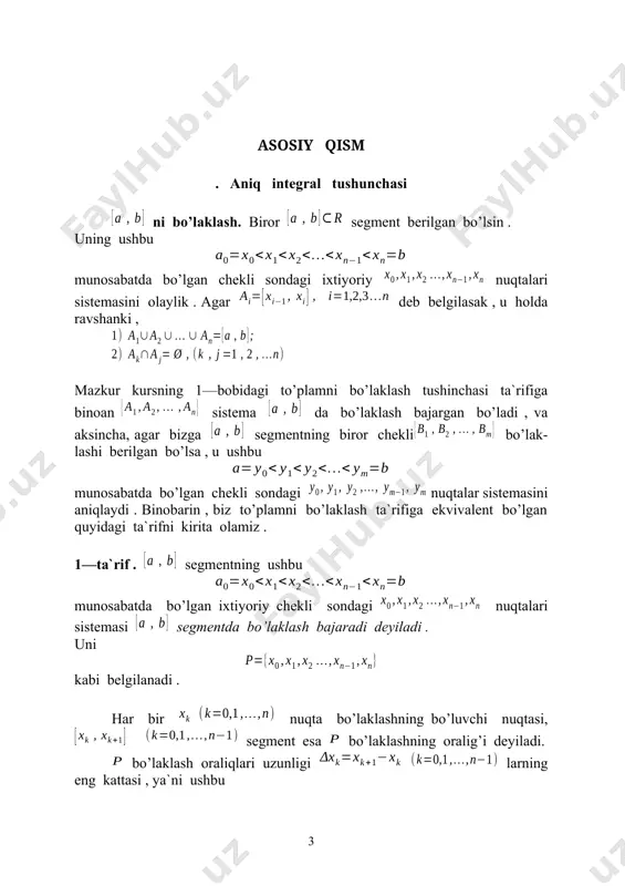nuqtalarga bog’liq bo’ladi. aniq integral ta’rifi. funksiya segmentda aniqlangan bo’lsin. segmentning shunday bo’laklashlarni qaraymizki ularni mos diametrlaridan tashkil topgan ketma—ketlik nolga intilsin: . bunday bo’laklashlarga nisbatan funksiyaning inte-ral yig’indilarini tuzamiz. natijada segmentni bo’laklashlarga mos funksiyaning integral yig’indilari qiymatlaridan iborat quydagi: ketma—ketlik hosil bo’ladi. ravshanki bu ketma—ketlikning har bir hadi huqtalarga bog’liqdir. 3—ta’rif. agar segmentni har qanday bo’laklashlar ketma-ketligi olinganda ham unga mos integral yig’indi qiymatlaridan iborat ketma—ketlik nuqtalarning tanlab olinishiga bog’liq bo’lmagan ravishda hamma vaqt bitta songa intilsa, bu son yig’indining dagi limiti deb ataladi. u kabi belgilanadi. yig’indi limitini quyidagicha ham ta’riflash mumkin. 4–ta’rif. agar son olingnda ham shunday son topilsaki, segmentni diametri bo’lgan har qanday bo’laklash uchun tuzilgan yig’indi ixtiyoriy nuqtalarda tengsizliklarni qanoatlantirsa, son yig’indining dagi limiti deb ataladi. 5—ta’rif. agar da funksiyaning integral yig’indisi chekli limitga ega bo’lsa, u holda funksiya segmentda integrallanuv-chi deyiladi, yig’indining chekli limiti esa funksiyaning segmentdagi aniq integrali deb ataladi. funksiyaning aniq integrali …