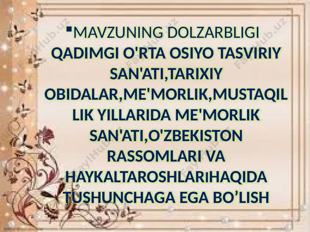 daktik maqsadni (yangi tasviriy san'at atamalarini, tushunchalarni o'zlashtirish, amaliy ko'nikma va malakalarini rivojlantirish, samarali ish metodlarini shakllantirish) aniqlash. o'quv materialining mazmunini belgilashda o'quvchilarning yosh xususiyatlarini hisobga olib, dars materialining hajmi va murakkabligini belgilash. o'quv materialining mazmunini tevarak-atrof bilan bog'lash, o'tilgan materiallarni amaliy mashg'ulotlar bilan bog'lash; o'quvchilarni mustaqil ijodiy ishlarining tizimini aniqlash, darsning jihozi hamda asosiy adabiyotlar manbalarini belgilash. darsning didaktik va tarbiyaviy vazifalarini aniqlash. amaliy ijodiy ishlarini kompozitsiya jihatdan murakkabligi o'quvchilarning yosh xususiyatlarini, fazilatlarini hisobga olgan holda mos bo'lishi kerak. o'quv materialining mazmuni va didaktik maqsadlariga mos keladigan ta'lim metodi va usullarini tanlash. didaktik vazifalar darsning o'zida bajarilishi. o'quv materialining mazmunini rejalashtirish vaqtida dastur doirasidan chiqmaslik. qadimgi o'rta osiyo tasviriy san'ati surxondaryo viloyatida topilgan qoyaga o'yilgan rasmlar, dalvarzintepa yodgorliklari, o'rta osiyoda, xususan, o'zbekistonda san'at qadimdan rivojlanib kelganligidan darak beradi. arxeologik qazilmalar natijasida topilgan antik davr va ilk o'rta asrlar madaniyati — me'morlik, haykaltaroshlik va rassomlikning uyg'unlashgan namunasi bo'lgan xorazmdagi tuproqqal'a …
