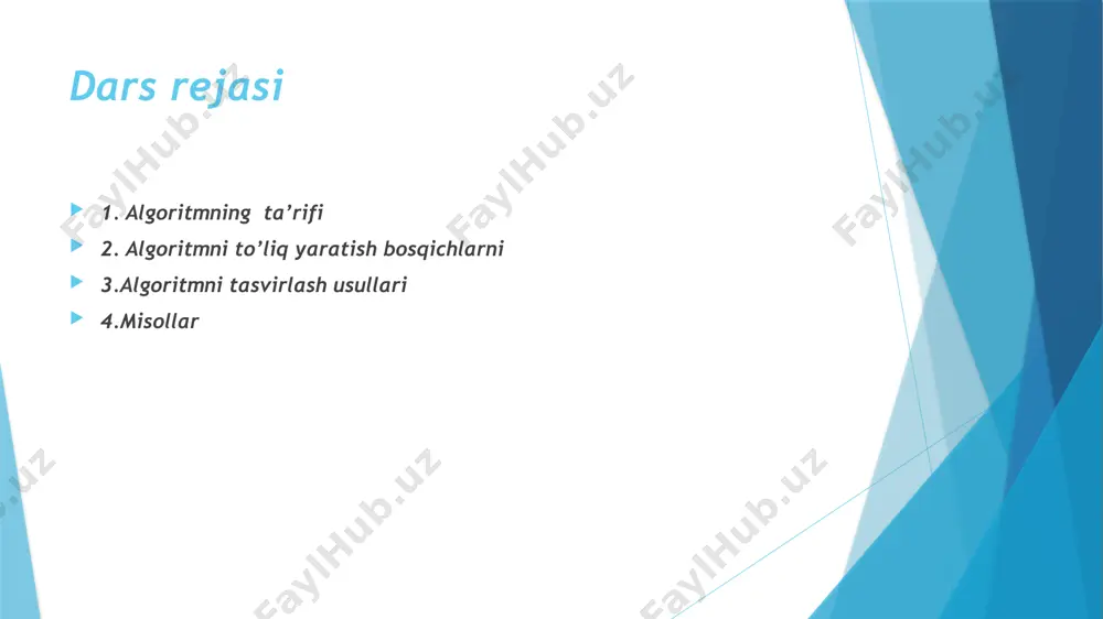 r; 2-qadamga o’ting; 5: tamom. algoritmni to’g’riligini tekshirish m=119, n=544 bo’lsin. ikkinchi qadamdan boshlaymiz: 2: m/n=0; r=119; 3: r!=0 4: m:=n; n:=r; 2-qadamga o’tamiz. /* bu yerda m ga 544 ni, n ga 119 ni ta’minlaymiz. umuman, ravshan bo’ldiki, m using namespace std; int main() { int m,n,r; cin>>m>>n; while(n!=0) { r=m%n; m=n; n=r; } cout using namespace std; int main() { int m,n,r; cout >m>>n; while(n!=0) { r=m%n; //qoldiqni hisoblash m=n; //o'rin almashtirish n=r; } cout =n bo’lsa 6 ga o’ting 5: agar max >n; for(int i=0; i >a[i]; max=a[0]; for(int i=0; i<n; i++) { if(max<a[i]) max=a[i]; } cout<<max; algoritmik hal qilinmaydigan masalalar ba’zi bir masalalarning algoritmik hal etilmasligini isbotlash uchun klassik masala – “to’xtash masalasi” qabul qilingan. teorema. algoritmik hal etilmaslik. shunday masalalar borki uning yechimini olish uchun umumiy algoritm (tyuring mashinasi) mavjud emas, bu masalalarni tavsiflovchi kirish ma’lumotlari qo’llaniladigan algoritmlar ishlamaydi yoki cheksiz davom etadi. masalalar yechishning …