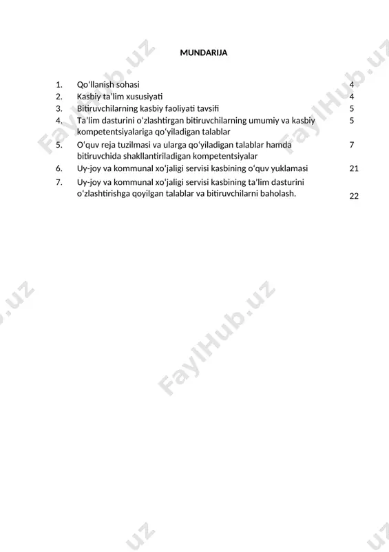 arida va maxsus kurslarida malakani oshirishi; - kasbiy faoliyatning tegishli sohasida yanada yuqoriroq malakaga erishish maqsadida oliy ta’lim muassasasida o‘qishni davom ettirishi mumkin. 2.4. o‘qishga qabul shartlari. o‘qishga qabul shartlari amaldagi qonunchilik asosida amalga oshiriladi. 3 bitiruvchilarning kasbiy faoliyati tavsifi 3.1. bitiruvchining kasbiy faoliyat sohasi: uy-joy va kommunal xo‘jaligida xizmat ko‘rsatish va servis ishlarini bajarish,sanitariya-gigiyena meyorlariga muvohiq bir va ko‘p xonadonli uylarni saqlash, ishlatish va ta’mirlash, bir va ko‘p xonadonli uylarni va turar joylarni boshqarish, qurilmani (obyektni) kompleks ta’mirlash, bir va ko‘p xonadonli uyni boshqarish bilan bog’liq texnik va boshqa hujjatlarni yuritish va saqlash, bir va ko‘p xonadonli uyni boshqarish faoliyati bo‘yicha ma’lumot va monitoringini tayyorlash ishlarini olib borish. 3.1. bitiruvchining kasbiy faoliyat ob’ektlari: 3.1.1. uy-joy va kommunal xo‘jaligi mutaxassisi kvalifikatsiyasi boyicha: - bir va ko‘p honadonli uylar; - kommunikatsiya kanallari; - ko‘p xonali uy egalari va iste’molchilari; - masofaviy aloqa kanallari; - boshqaruv tashkiloti; - internet axborot va telekommunikatsiya …
