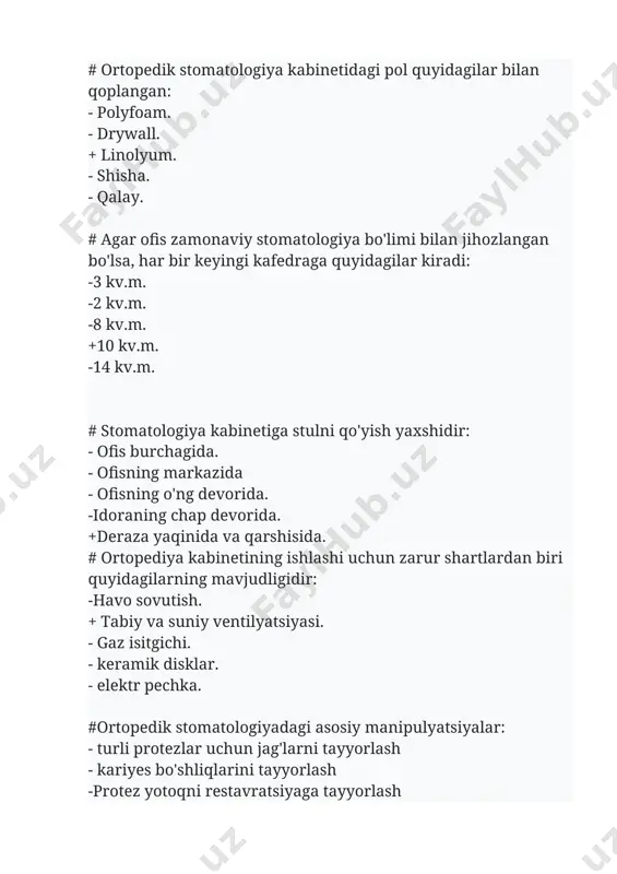 stomatologiyada davolash maqsadlari: -yuzning normal shaklini tiklash - anormal tish shakllarining oldini olish - normal yutishni tiklash - yutish buzilishining oldini olish +barcha yuqoridagi funksiyasini tiklash # tish protezining vazifasi: -murakkab kariyeslarni davolash - estetik jihat - kariyesning oldini olish - normal yutishni ta'minlash + tishlar nuqsonlarini tiklash # zamonaviy stomatologiya bo'linmalarida burg'uning aylanish tezligi -100 000 aylanish tezligi -200 000 aylanish tezligi. -250 000 aylanish tezligi -300 000 aylanish tezligi +300 000 rpm dan ortiq #ortopediya kabinetidagi havo harorati: -16 - 25 ° s -12 - 15 ° s -20 - 26 ° s -23 - 28 ° s +18 - 22 ° s # zamonaviy stomatologiya bo'linmalarida burg'uning aylanish tezligi -100 000 aylanish tezligi -200 000 aylanish tezligi. -250 000 aylanish tezligi -300 000 aylanish tezligi +300 000 rpm dan ortiq #zaldagi eng maqbul o'rindiqlar soni: -5-10 -8-10 -4-8 -6-7 +1-3 # har bir ishlaydigan stomatolog uchun kamida …