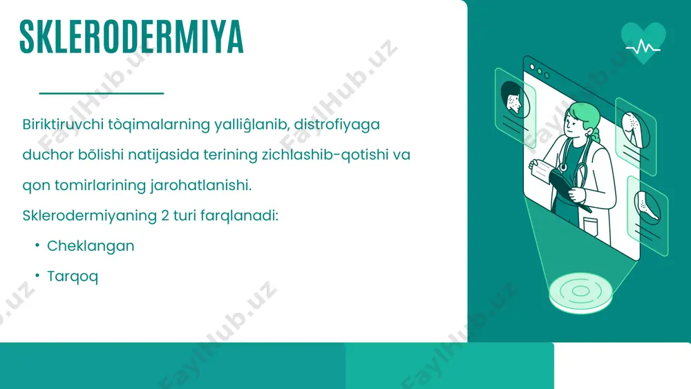 ltratovush; lazeroterapiya 2. umumiy davo 3.fizioterapiya dermatomiozit ogʻir sistemali kasallik boʻlib, teri va koʻndalang-targʻil muskullarni ustivor zararlash bilan kechadigan biriktiruvchi toʻqimaning diffuz zararlanishidir. kõpincha muskul, teri va nervni zararlaydi. dastlab, oyoq, qõl va badanda qizil, kókimtir doĝlar, pufakcha, tugunchalar hosil bôladi toshmalar sórilib qoramtir doĝ qoladi,teri yupqalashadi uchraydigan yõldosh kasalliklar: artropatiya , miokardit , endokardit, pnevmoniya,plevrit davolash kortikosteroidlar, antibiotiklar, immuno- depressantlar, vitaminlar, organizmni baquvvat qiluvchi dorilar kasallikning klinik kechishiga qarab tavsiya etiladi. keyingi paytda dermatomiozitni davolashda sertospan (betametazon dinatriyfosfat 2 mg, betametazon dipropionat 5 mg) suspenziyasi ineksiya holatida yuboriladi, davo kursi bemorning ahvoliga qarab belgilanadi mahalliy davo— simptomatik davo usullaridan iborat. image1.png image2.svg image3.png image4.svg image5.png image6.svg image7.png image8.svg image9.jpeg image10.png image11.svg image12.jpeg image13.jpeg image14.jpeg image15.jpeg image16.png image17.svg image18.png image19.svg image20.png image21.svg image22.jpeg image23.jpeg image24.jpeg image25.png image26.svg /docprops/thumbnail.jpeg