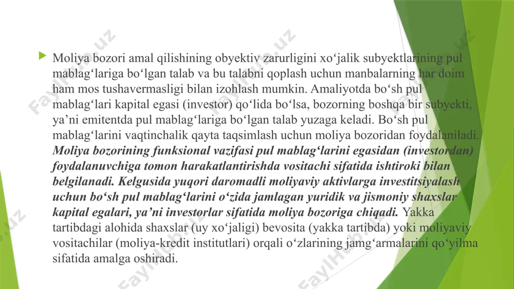majburiyatni ifodalovchi obligatsiyalar ham muomalada boʻlishi mumkin. ichki moliya bozorlarda tovar sifatida quyidagilar namoyon boʻladi: - qimmatli qogʻozlar – emission va tijorat qimmatli qogʻozlari; - sugʻurta kompaniyalari, nodavlat pensiya fondlari va boshqa moliyaviy vositachilar qat’iy majburiyatlarini oʻzida aks ettiruvchi qimmatli qogʻozlar; - valyuta qimmatliklari (xorijiy valyutalar va xorijiy valyutada aks ettirilgan qimmatli qogʻozlar); - qimmatbaho metallar va toshlar; - pullar (milliy banknotalar, depozit va jamgʻarma sertifikatlari). moliya bozoridan korporativ guruhlar tomonidan jalb qilingan pul mablagʻlari quyidagi maqsadlarda foydalaniladi: - aksiyalarni birlamchi joylashtirishdan olinadigan pul mablagʻlari ta’sis hujjatlarida koʻrsatilgan ustav kapitalini shakllantirish manbasi boʻlib xizmat qiladi; - aksiyalar qoʻshimcha emissiyasidan tushadigan pul mablagʻlari ustav kapitalini oshirishga yoʻnaltiriladi; - korporativ obligatsiyalarni sotishdan olinadigan pul mablagʻlari real aktivlar (kapital qoʻyilmalar)ni moliyalashtirishga yoʻnaltirilishi mumkin; - aksiyadorlik jamiyati emission daromadi qoʻshimcha kapitalni toʻldirish manbasi boʻlib xizmat qiladi; - tijorat veksellari hamkorlar bilan oʻzaro munosabatlarda toʻlov vositasi sifatida ishtirok etadi. umuman, moliyaviy bozorlar orqali korporatsiyalarning mablagʻ …