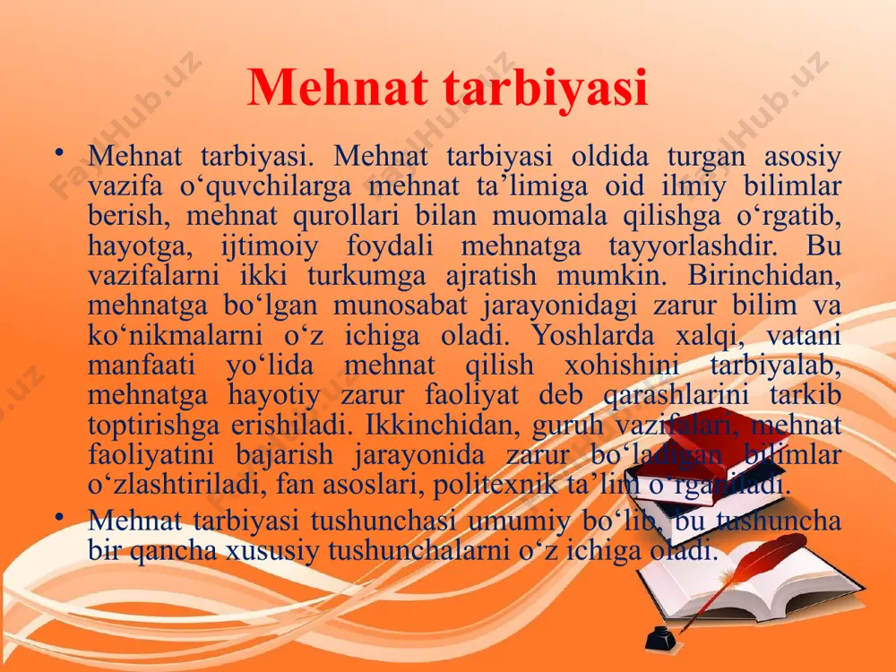 hamma sohalarda kishilarning xatti-harakatlarini tartibga solish funksiyasini bajaradi“, deyishadi. axloq me’yorlari xulq-atvorning regulyatori sifatida odat me’yorlariga zid xatti-harakat axloqsizlik harakati deb qaraladi. shunisi ham borki, huquq majburiy bo‘lsa, axloq ixtiyoriydir. axloqiy tarbiya odamlarni nomusli vijdonli, adolatli, vatanparvar, mehnatsevar bo‘lishga o‘rgatadi. axloqiy tarbiyada yaxshi xulqni takomillashtirish uchun kurashiladi. xalq ta’limi tizimida o‘qitish tarbiyalanuvchilarning axloqiy mukammallashishi bilan bog‘liq bo‘ladi. ularda ong bilan xulq birligi tarbiyalanadi. estetik tarbiya hayotda tabiat go‘zallikning manbasidir. u estetik tuyg‘ularni, bolalarning kuzatuvchanligini va tasavvurini rivojlantirish uchun juda boy material beradi. bundan tashqari, san’at ham estetik tarbiya vositasi hisoblanadi. san’at orqali estetik tarbiyalash pedagogikada badiiy tarbiya deb ataladi. u quyidagi metodlardan foydalangan holda olib boriladi: badiiy asarlarni namoyish qilish va ijro etish. badiiy asarlarni tahlil qilish va baholash. san’atshunoslik bilimlaridan xabardor qilish, san’atninghar xil turlarini —ifoda vositalari, tarixi va nazariyasini xarakterlovchi muayyan ma’lumotlar jamg‘armasiga ega bo‘lish zarur. badiiy faoliyatining xilma-xil shakllarida mashqlaro‘tkazib, ijodiy qobiliyatlarni, mustaqil tasvirlash ko‘nikmalari va malakalarini …