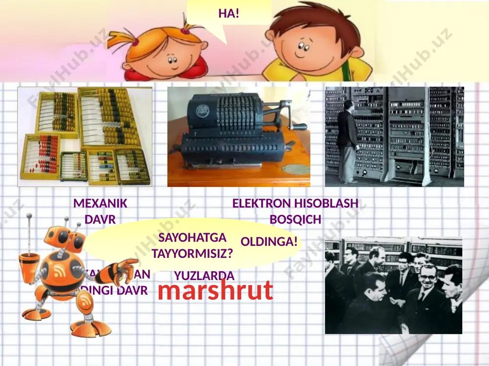 asosiy _ element dunyodagi kompyuterlar soni bir soniyadagi operatsiyalar soni axborot kompyuter o'lchamlari elektron hisoblash bosqichi 1- avlod ii avlod iii avlod iv avlod qo'llash yillari asosiy _ element dunyodagi kompyuterlar soni bir soniyadagi operatsiyalar soni axborot kompyuter o'lchamlari 1946-1958 yillar 1 avlod elektron pochta chiroq o'nlab 10 3 -14 4 perfokarta zarbli lenta katta 1958-1964 yillar 2 avlod transistor minglab 1 0 4 -10 6 magnit lenta vositalari. ozroq 1964-1972 yillar 3-avlod ip o'n minglab 10 5 -10 7 disk mini kompyuter 1972- hozir vaqt 4-avlod bis millionlab 10 6 -10 8 floppy va lazerli disk mikro kompyuter eniac ural - 1 ural - 1 mesm elektron hisoblash bosqichi elektron hisoblash bosqichi elektron hisoblash bosqichi elektron hisoblash bosqichi shaxsan informatika blez paskal ( 1623 - 1662) paskal mashinasi o'nlik sonlarni qo'shishi mumkin edi. ushbu mashinaning "qobiliyatlari" haqidagi taassurotni paskalning o'zi shunday ifodalagan: "arifmetik mashina hayvonlar qiladigan har qanday narsadan …