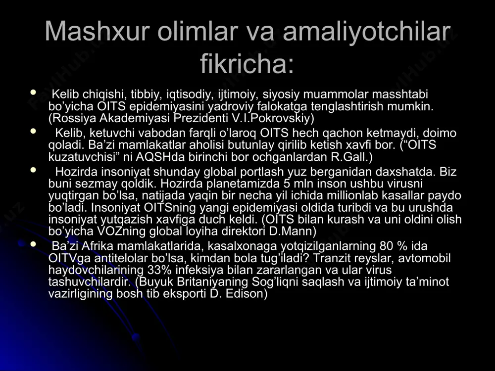 aydi. 55 foizi insoniyat oivdan himoyalanish ushun hesh narsa qila olmaydi deb hisoblaydi. 23 foizi oiv infektsiyasiga ega insonni bir qarashda bilsa bo`ladi deb o`ylaydi. 40% 23% 55% 60% 25% 23% 100% nima uchun oiv bilan kasallanganlarning ko`pchiligini yoshlar tashkil etadi? ko`pchilik yoshlar ularga oiv/oits dan himoyalanishga yordam beruvchi ma`lumotlar va xizmatlardan foydalanish imkoniga ega emaslar. ko`pchilik yoshlar tijorat seks xizmatlaridan foydalanish xavfi to`g`risida ma`lumotga ega emaslar. ko`pchilik yoshlar tomirga yuborish orqali narkotik qabul qilish va oiv xavfi o`rtasidagi o`zaro aloqa xususida ma`lumotga ega emaslar. ko`pchilik yoshlar oiv infektsiyasiga ega bo`lgan narkomanlarni bir qarashda bilib olsa bo`ladi deb o`ylaydilar. yoshlarning ko`pchiligi narkomanlar bilan himoya qilinmagan jinsiy aloqaga kirishish juda xavfli ekanligini bilmaydilar. ko`pchilik yoshlar oiv/oits masalalarini o`z do`stlari bilan muhokama qilishni noqulay hisoblaydilar (javob berganlarning to`rtdan biri), bu mavzuni o`z oila a`zolari bilan muhokama qilish yanada noqulay hisoblanadi (har o`ntadan biri). yunisefning «bolalar uchun oitsga qarshi kurashda birlashing» harakatining maqsadi …
