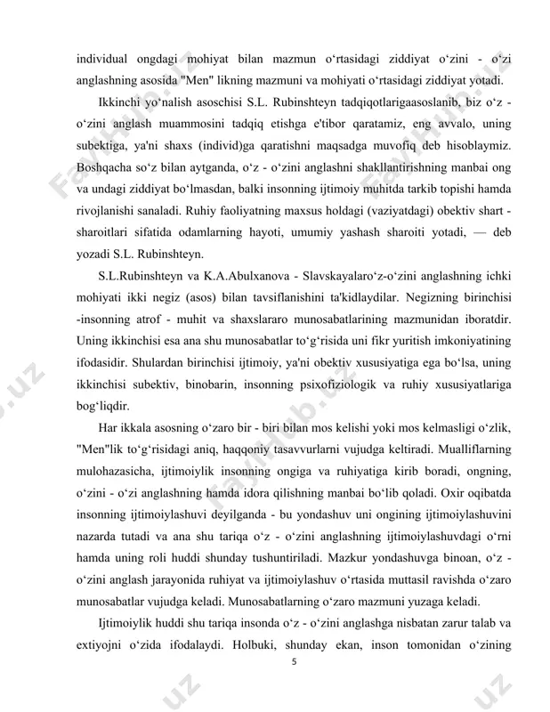 i. munosabatlarning o‘zaro mazmuni yuzaga keladi. ijtimoiylik huddi shu tariqa insonda o‘z - o‘zini anglashga nisbatan zarur talab va extiyojni o‘zida ifodalaydi. holbuki, shunday ekan, inson tomonidan o‘zining ijtimoiylik, ya'ni insoniylik mohiyati va darajasida anglash psixologik nuqtai nazardan ana shu muhtojliklar, qiziqishlar, intilishlar mohiyatining anglashi hamda shu asnoda o‘zining hayoti, faoliyati yuzasidan shaxsiy maqsadini yaratish jarayonidir. yuqoridagi fikr -mulohazalardan kelib chiqqan holda ahloqiy o‘z - o‘zini anglashga biz ikki xil ta'rif berishimiz mumkin: a) o‘z - o‘zini u yoki bu ahloqiy ma'naviy me'yor va qoidalarga asoslangan holda anglash deb ta'riflansa; b) bizningcha, ahloqiy o‘z -o‘zini anglash bu o‘z - o‘zini inson sifatida tasdiqlash va ana shu tariqa o‘zligida insoniylikni shakllantirishga nisbatan intilishdir. agarda shaxs o‘z - o‘zini inson sifatida e'tirof etmas ekan, unda insoniylik fazilatlari vujudga kelishi mumkin emas. o‘z - o‘zini anglash esa inson uchun ana shu e'tirofni amalga oshiruvchi muhim vosita sifatida namoyon bo‘lish jarayoni yoki holatidir. o‘z-o‘ziga …