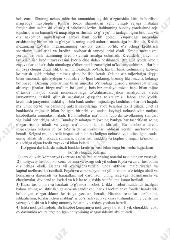 risidagi bilimlari cheklangan kishilarga ham tushunarli bo‘lmog‘i lozim. korxonalar faoliyatinini rivojlantirish uchun biznes rejaning muhimligi, yuqorida ko‘rsatilganlardan tashqari, yana quyidagi ikkita vaziyat bilan belgilanadi: - birinchidan, iqtisodiyotimizga yangi tadbirkorlar avlodi kirib kelmoqda. ularning ko‘pchiligi hech qachon mustaqil ish yuritmaganlar, korxona boshqarmaganlar. shu sababli ular bozor iqtisodiyotida vujudga keladigan muammolarni tasavvur ham qila olmaydilar. banklar bunga tayyor bo‘lib ularga yordam berishlari va o‘zlari ham bu masalani to‘liq bilishlari kerak. - ikkinchidan, butunlay o‘zgarib borayotgan xo‘jalik faoliyati sohasi katta tajribaga ega bo‘lgan bank rahbarlarini ham ishdagi har bir qadamni boshqacha bosishni, hozirgacha bizga yot bo‘lgan raqobatga tayyor turishni taqozo etadi. xulosa qilib aytganda, yaxshi tuzilgan biznes reja korxonaning holatini chuqur tahlil qiladi hamda uning kelajakdagi rivojlanishiga xolisona va ob’ektiv baho beradi. har qanday biznes reja doimiy ravishda qayta ko‘rib borilishi shart. aniq va samarali reja ham tashqi muhit sharoitlarini o‘zgarishi hisobiga maqsadini yo‘qotishi mumkin. biznes rejaning maqsadi va vazifasi tashqi va ichki …