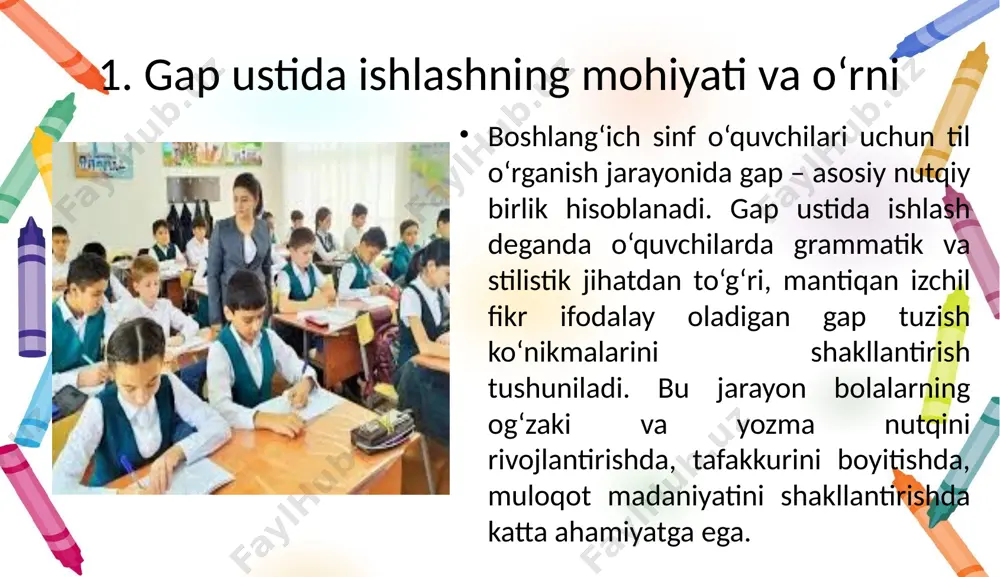 a gapning boshlanishi bosh harf bilan, oxiri tinish belgisi bilan tugashi o‘rgatiladi. bu bosqichda ko‘proq og‘zaki mashqlar, rasmlar asosida gap tuzish, tayyor gaplarni ajratish, to‘g‘ri intonatsiya bilan o‘qish mashqlari bajariladi. ikkinchi sinfda esa o‘quvchilar gap tuzish malakalarini mustahkamlashga kirishadi. gapdagi asosiy bo‘laklar – ega va kesim, ikkinchi darajali bo‘laklar – aniqlovchi, to‘ldiruvchi, hol haqida tushuncha beriladi. o‘quvchilar gap bo‘laklarini tahlil qilish, ular orasidagi bog‘lanishni aniqlashga o‘rgatiladi. ularning fikrlash doirasi kengaygani sayin, murakkab gaplarni tahlil qilishga tayyorgarlik bosqichlari boshlanadi. uchinchi va to‘rtinchi sinflarda murakkab va bog‘lovchisiz qo‘shma gaplar bilan ishlash, matndan gap ajratish, bir nechta gaplardan matn tuzish, gapning uslubiy vazifasini aniqlash, turli maqsadli gaplar ustida ishlash davom ettiriladi. shu tariqa o‘quvchi o‘z fikrini grammatik jihatdan to‘g‘ri va ifodali bayon eta olish darajasiga yetkaziladi. 3. gap ustida ishlashning izchil tashkil etish yo‘llari va samaradorligi boshlang‘ich sinfda gap ustida ishlashni izchil tashkil etish o‘quvchilarning til materiallarini ongli va puxta o‘zlashtirishini ta’minlaydi. bu …