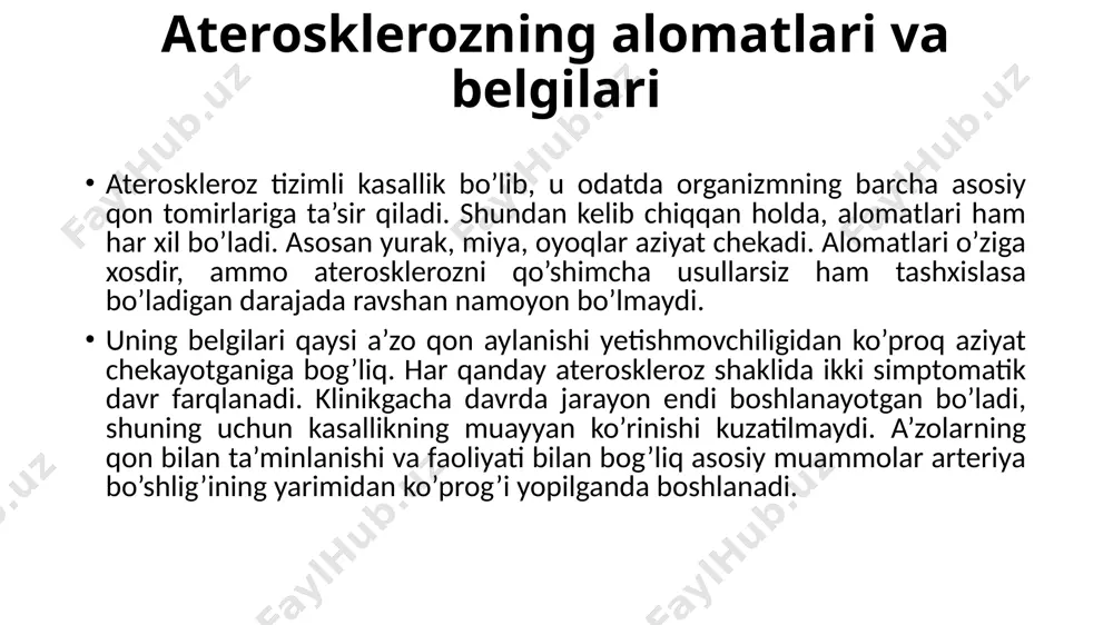 te’mol qilish ham tavsiya etilmaydi, bular bir qator patologiyalar rivojlanishini kafolatlaydi; ortiqcha vazn. bu omil ateroskleroz yuzaga kelishi ehtimolligini oshiradi. semirib ketish qandli diabetga olib kelishi mumkin, bu patologiya esa ateroskleroz tomon to’g’ri yo’ldir; noto’g’ri ovqatlanish. yog’li, zararli taomlar asosiy xavf omilidir. ovqatlanish hayotimizda juda muhim fiziologik jarayondir. kelajakdagi sog’ligimiz mahsulotlarning qanchalik foydali ekanligiga bog’liq bo’ladi. juda kam kishilar biladi, ammo shifobaxsh va muvozanatli parhezdan tashqari boshqa barcha parhezlar jahon oziq-ovqat gigienasi kengashi tomonidan tasdiqlanmagan. ovqatlanish ehtiyojlaringiz va energiya sarf-xarajatlaringizga qarab to’g’ri va oqilona bo’lishi kerak. aterosklerozning turlari yurak tomirlari (koronar arteriyalar) aterosklerozi. yurak ishemik kasalligi, stenokardiya va infarkt rivojlanishiga turtki beradi; aortal shakli. aorta organizmdagi eng katta arteriyadir. uning ateroskleroz bilan shikastlanishi barcha organlarga va tizimlarga sezilarli ta’sir qiladi; buyrak tomirlarining aterosklerozi. qon aylanishining yetishmasligi buyraklar vazifalarining buzilishi va og’ir arterial gipertenziyani keltirib chiqaradi; miyani qon bilan ta’minlovchi tomirlarning aterosklerozi; oyoq va qo’llar tomirlarining aterosklerozi. xolesterin darajasi va ateroskleroz …