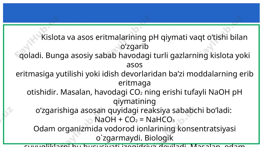 rinib turganidek, kuchli kislota ekvivalent miqdordagi kuchsiz kislota bilan almashtiriladi (bu holda hcl ch3cooh bilan almashtiriladi). ostvaldning suyultirish qonuniga muvofiq, sirka kislota konsentratsiyasining ortishi bilan uning dissotsilanish darajasi pasayadi, buning natijasida esa buferdagi h+ ionlarining konsentratsiyasi kam o‘zgaradi bufer eritmaga ishqor qo‘shilganda vodorod ionlarining konsentratsiyasi va ph ham kam o‘zgaradi. ayni vaqtda ishqor buferning boshqa tarkibiy qismi (ch3cooh) bilan neytrallanish reaksiyasiga kirishadi: ch3cooh + na+ + oh- → ch3coo- + na+ + h2o buning natijasida qo‘shilgan ishqor reaksiya muhitiga birmuncha kam ta’sir qiladigan kuchsiz asos tuzining ekvivalent miqdori bilan almashtiriladi (gidrolizga qarang) ana shu tuzning dissotsiyalanishidan hosil bo‘ladigan ch3coo- anionlari sirka kislota dissotsilanishiga birmuncha susaytiruvchi ta’sir ko‘rsatadi. bu reaksiya jarayonida sirka kislota sarf bo‘lgani uchun, h+ ionlarining ancha kamayishini kutish kerak edi. biroq, aralashma (ph) ning faol kislotaliligi deyarli o‘zgarmaydi chunki reaksiyaga kirishgan kislota ionlari h+ va ch3coo- o‘rniga potensial kislotalilik hisobiga yangi h+ va ch3 coo- ionlari hosil bo‘ladi. …
