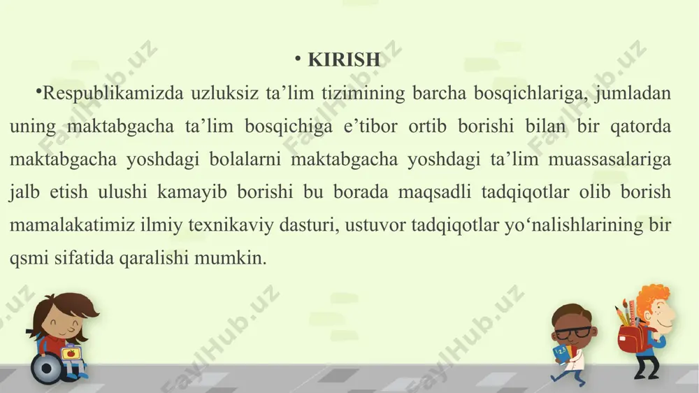 jismoniy tarbiya jarayonini toʻgʻri tashkil etish lozim 10 maktabgacha yoshdagi bolalar jismoniy tarbiyasi vazifalarini hal etishda gigiyenik omillar, tabiatning tabiiy kuchlari va jismoniy mashqlar va boshqalardan foydalaniladi. har xil faoliyat turlariga kiruvchi (qoʻl mehnati, musiqa asboblarini chalish, loy yoki plastilindan narsa yasash, qurish-yasash, rasm chizish, kiyinish, yuvinish va boshqalar) xilma-xil harakatlar bolaning jismoniy rivojlanishiga ta’sir etadi. toʻlaqonli jismoniy tarbiyaga barcha vositalar, umumiy qoʻllanilganda erishiladi, chunki ularning har biri kishi organizmiga turlicha ta’sir qiladi. 11 gigiyenik omillar (mashgʻulotlar rejimi, dam olish, ovqatla- nish, uyqu, kiyim-bosh, poyabzal, jismoniy tarbiya jihozlari, xonalari, maydonchalari va boshqalar) jismoniy tarbiya vazifalarini hal etishning majburiy sharti hisoblanadi. ular jismoniy mashqlarning shugʻullanuvchilar organizmiga ta’siri samaradorligini oshiradi. masalan, jismoniy mashgʻulotlar suyak ukova muskul tizimining rivojlanishiga yaxshi yordam beradi (toʻlaqonli va oʻz vaqtida ovqatlanilganda). xonalar, jismoniy tarbiya jihozlari, atribut, oʻyinchoqlar, bolalar kiyimlari va poyabzalining tozaligi kasalliklarning oldini oladi. gigiyena talablarini bajarish bolalarda ijobiy emotsiya uygʻotadi va jismoniy mashqlarni oʻzlashtirish uchun …