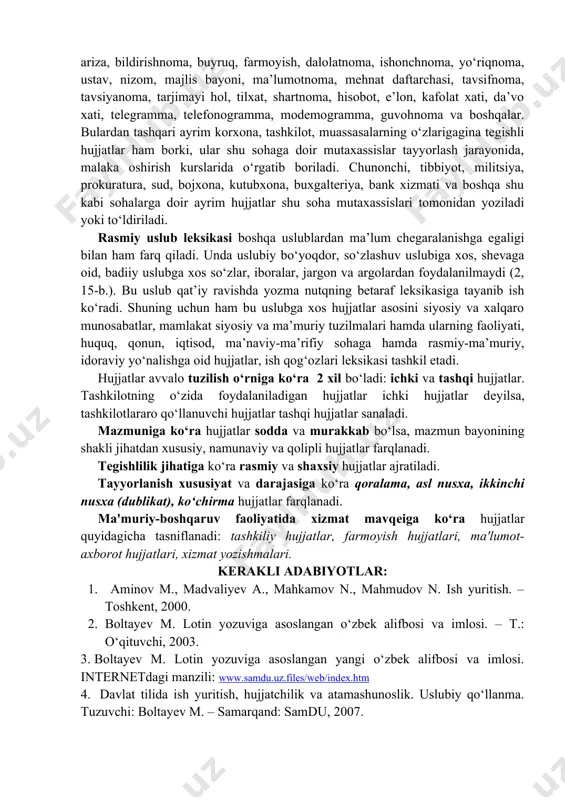 qa sohalarga oid ilmiy ishlar tili). bu uslublar o‘zbek adabiy tilining tarixiy shakllangan ko‘rinishlari bo‘lib, ularning har biri til taraqqiyotining ma’lum davrlarida paydo bo‘lgan va o‘zbek tilining taraqqiy etishi bilan rivojlanib borgan. har bir xoslangan uslub nutq jarayonida bajaradigan vazifasi hamda shu uslub turi uchun xos bo‘lgan leksik vositalardan foydalanish doirasiga ko‘ra ma’lum o‘ziga xos jihatlarga ega bo‘ladi. chunonchi, ilmiy uslub og‘zaki so‘zlashuv yoki badiiy uslublardan ma’lum bir fan yoki uning biror sohasiga oid atamalarning ko‘plab qo‘llanishi, turli jadvallar, chizmalar, shartli belgilardan foydalanilishi, faktik ma’lumotlarning ko‘proq qo‘llanilishi, nutqning monologik xarakterga ega bo‘lishi, asosan betaraf so‘zlar ishlatilib, obrazli, his-hayajon ifodalovchi, bo‘yoqdor, shevaga xos va boshqa shu kabi so‘zlarning qo‘llanmasligi bilan farq qiladi (4, 7-18-b.). rasmiy uslub – ish qog‘ozlari, hujjatlar, qonun, qaror, farmon, ustav, nizom, bitim, shrtnoma kabilarning mazmun-mohiyatida ham boshqa uslublardan farqlanadigan bir qancha jihatlar mavjuddir. maqsadimiz rasmiy uslubning o‘ziga xos tomonlarini hamda turlarini o‘rganishga qaratilganligini e’tiborga olib, ishda boshqa …
