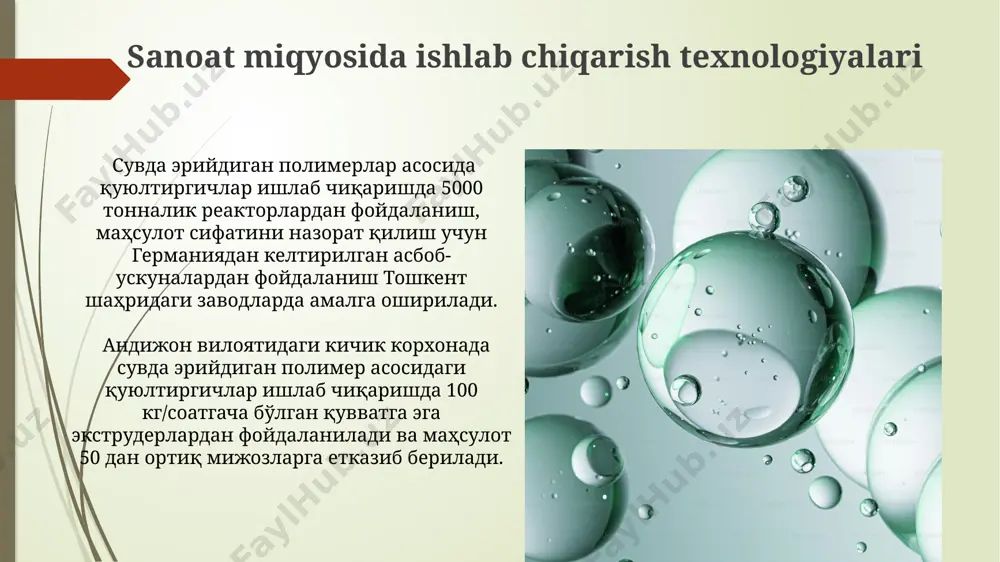 mumkin. suvda eriydigan polimerlarning molekulyar massasi 1000 dan 1000000 g/mol gacha o'zgarib, ularning qalinlash xususiyatlariga sezilarli ta'sir ko'rsatadi, masalan, 50000 g/mol bo'lgan polimerlar yuqori qalinlash samaradorligiga ega. e'tiboringiz uchun rahmat @taqdimot_robot image1.jpg image2.jpg image3.jpg image4.jpg image5.jpg image6.jpg image7.jpg image8.jpg image9.jpg image10.jpg image11.jpg image12.jpg image13.jpg image14.jpg image15.jpg image16.jpg image17.jpg