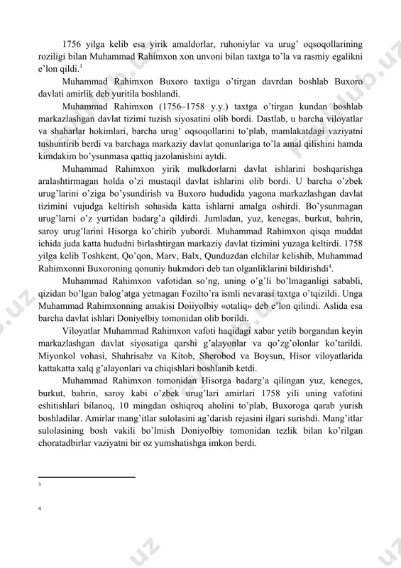 qildi. uning bu ishiga poytaxt hunarmandlari yaqindan yordam berishdi. eronliklar poytaxtni ololmagach, sulhparvar elchilarni yuborishdi va ikkala tomon o’zaro asirlarni almashishgach, ular ketishga majbur bo’ldilar. ushbu g’alabadan so’ng muhammad rahimxon to’laqonli davlat boshlig’iga aylandi. ammo u xonlik taxtini egallashga oshiqmadi va taxtga abulfayzxonning yosh o’g’li abdulmo’minni xon deb e’lon qildi, aslida esa davlatning barcha boshqaruv ishlari uning qo’lida edi. o’zining qizini abdulmo’minga nikohlab berdi. 1748 yil abdulmo’min o’ldirildi. uning o’rniga muhammad rahimxon abdulmo’minning nihoyatda yosh bo’lgan ukasi ubaydulla sultonni nomiga xon deb e’lon qildi. 1756 yilga kelib esa yirik amaldorlar, ruhoniylar va urug’ oqsoqollarining roziligi bilan muhammad rahimxon xon unvoni bilan taxtga to’la va rasmiy egalikni e’lon qildi.[footnoteref:4] [4: ] muhammad rahimxon buxoro taxtiga o’tirgan davrdan boshlab buxoro davlati amirlik deb yuritila boshlandi. muhammad rahimxon (1756–1758 y.y.) taxtga o’tirgan kundan boshlab markazlashgan davlat tizimi tuzish siyosatini olib bordi. dastlab, u barcha viloyatlar va shaharlar hokimlari, barcha urug’ oqsoqollarini to’plab, mamlakatdagi …