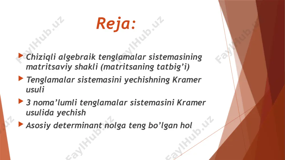 a matritsaning determinanti 0 dan farqli bo’lganligi uchun, unga teskari yagona 1 a matritsa mavjud va tenglamalar sistemasi yagona yechimga ega bo’ladi. endi 1 a teskari matritsani topish uchun  determinant elementlarining hamma algebraik to’ldiruvchilarini hisoblaymiz: 2 3 4 1 9 1 1 1 2 1 1 3 1 1 4 1 9 2 1 9 3 1 4 2 1 1 1 1 = × × - × × - × × - × × + × × + × × = = d 1 - a 1 - a d . 2 4 4 ; ; 9 3 1 4 2 1 1 1 1 3 2 1 ÷ ÷ ÷ ø ö ç ç ç è æ = ÷ ÷ ÷ ø ö ç ç ç è æ = ÷ ÷ ÷ ø ö ç ç ç è æ = b x x x x a b …