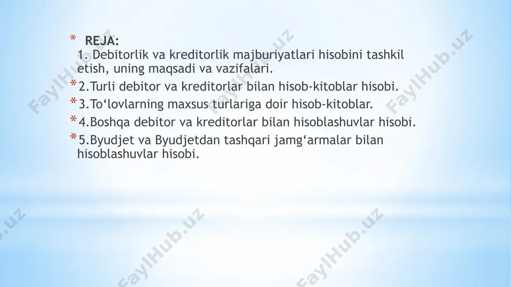 , stipendiya oluvchilar, deponent qilingan summalar, ta’lim muassasalarida bolalarni saqlaganlik uchun ularning ota-onalari, shuningdek boshqa debitor va kreditorlar bilan hisob-kitoblar hisobi byudjet tashkilotlarida debitorlar va kreditorlar hisobi ko‘rinishida yuritiladi qonunchilikka muvofiq debitorlik va kreditorlik majburiyatlarini muddati 90 kun etib belgilangan. bu muddatda tugatilmagan debitorlik va kreditorlik majburiyatlari bo‘yicha tashkilot ma’sul shaxslariga qonunchilikka muvofiq choralar ko‘riladi. buxgalteriya hisobida undirish imkoni bo‘lmagan debitorlik majburiyatlar balansdan tashqari schyotlarda aks ettiriladi. mamlakatimizda davlat byudjeti g‘azna ijrosiga o‘tishi munosabati bilan byudjet tashkilotlarining yuridik va moliyaviy majburiyatlari g‘aznachilik va uning xududiy bo‘limlarida ro‘yxatga olinmoqda. bunda, byudjet tashkilotlarining tovar (ish, xizmat)lar yetkazib berish bo‘yicha tuzadigan shartnomalarida, 15 foiz miqdorda oldindan to‘lov amalga oshirilishi belgilanadi. byudjet tashkilotlarining ikkinchi tomon oldidagi yuridik majburiyatlari tuzilgan shartnomalar (kontraktlar), qonun hujjatlari (misol uchun yig‘imlar, badallar, soliq va boshqa majburiy to‘lovlar bo‘yicha yuridik majburiyatlar) asosida yuzaga keladi. byudjet tashkilotlari tomonidan qabul qilinadigan yuridik majburiyatlar hajmi, belgilangan tartibga ko‘ra, ular iqtisodiy tasnifning tegishli moddalari …