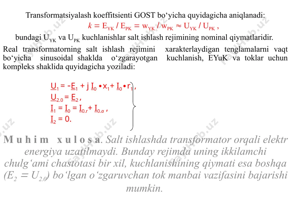 eristikalari deyiladi qisqa tutashuv tajribasi muhim amaliy ahamiyatga egadir, chunki undan qisqa tutashuv isroflari р′qt va kuchlanishi uqt hamda almashtirish sxemaning parametrlari aniqlanadi. transformatorning qisqa tutashuv xarakteristikalari: iqt  f (uqt), рqt =f (uqt) va cosqt f (uqt) simmetrik yuklama ulangan transformatordagi elеktromagnit jarayоnlar i1w1+ i2w2  i0w1 i1  i0 + (–i'2). u1 = –е1 + ji1x1 + i1r1, u2 = е2 - ji2x2 - i2r2. image1.jpeg image2.wmf oleobject1.bin image3.png image4.png image5.png image6.png image7.png image8.png ( ) ( ) ï þ ï ý ü = × = = = × = = . ф w f 44 , 4 ф w f 2 2 2 / e e ; ф w f 44 , 4 ф w f 2 2 2 / e e max 2 max 2 2max 2 max 1 max 1 1max 1 p p /docprops/thumbnail.jpeg