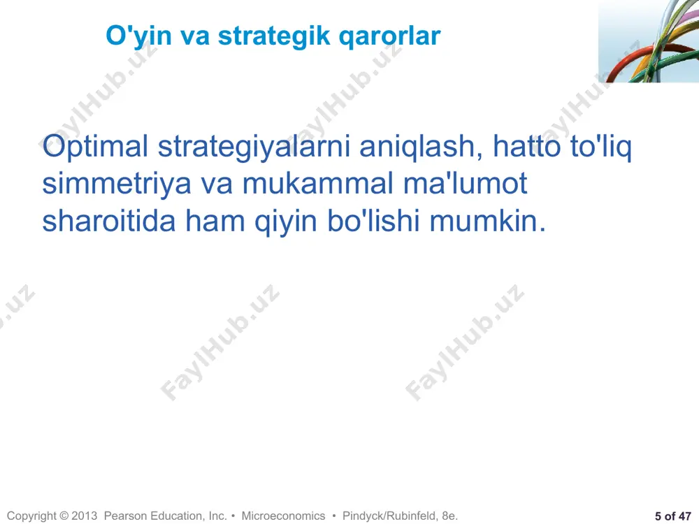 di foyda 5. agar a firma reklama qilsa va b firma reklama qilmasa, a firma 15 va ishlaydi firma b nol. jadvalda yana ikkita imkoniyatning natijalari ko'rsatilgan slide 11 reklama o'yini uchun to'lov matritsasi firma a reklama reklama berilmagan reklama reklama berilmagan firma b 10, 5 15, 0 10, 2 6, 8 14 slide 12 reklama o'yini uchun to'lov matritsasi firma a reklma reklama berilmagan reklama reklama berilmagan firma b 10, 5 15, 0 10, 2 6, 8 kuzatishlar a: b ga qaramasdan, reklama eng yaxshisidir b: a ga qaramasdan, reklama eng yaxshisidir 14 chapter 3 slide 13 reklama o'yini uchun to'lov matritsasi firma a reklama reklama berilmagan reklama reklama berilmagan firma b 10, 5 15, 0 10, 2 6, 8 kuzatishlar a & b uchun dominant strategiya reklama qilishdir boshqa o'yinchi haqida qayg'urmang dominant strategiyadagi muvozanat 14 chapter 3 slide 14 dominant strategiyalar dominant strategiyasiz o'yin dominant (hukmdor) strategiyasiz …