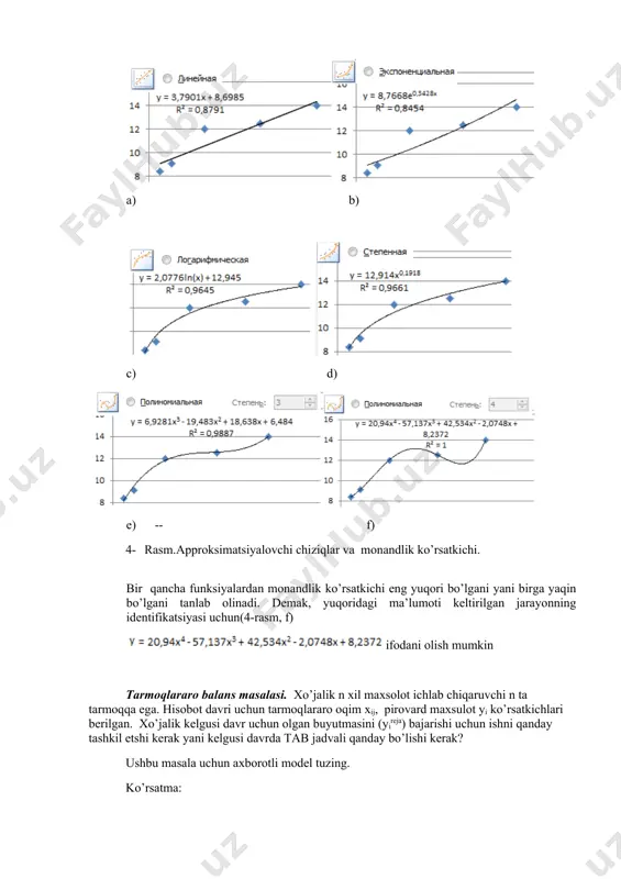 unda y ={yireja}i=1,…,n x=(e-a)-1y 4) rejalashtirilayotgan davr uchun tarmoqlararo oqim aniqlanadi: xij=aij*xi, i,j=1,2,…,n. 5) ish xaqi+sof foyda aniqlanadi: xj-(x1j+x2j+…+xnj), , j=1,2,…,n. 6) aniqlangan ko’rsatkichlar jadval ko’rinishda tasvirlanadi. bu yerdagi 1-6 ishlarning barchasi matritsaviy operatsiyalar. ularni excel dasturida bajarish mumkin. image5.png image6.png image7.png image8.png image9.png image10.png image1.png image2.png image3.png image4.png