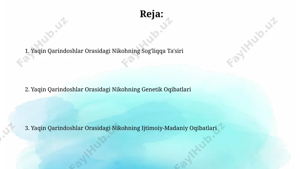 avfi yaqin qarindoshlar o'rtasidagi nikoh natijasida tug'ilgan bolalarda irsiy kasalliklar xavfi 2-4 barobar ortadi, bu esa bolaning jismoniy va aqliy rivojlanishiga salbiy ta'sir ko'rsatishi mumkin. yaqin qarindoshlar o'rtasidagi nikohdan tug'ilgan bolalarning o'lim darajasi oddiy oilalardagiga nisbatan 40% ga yuqori bo'lishi mumkin, bu esa bevositlikning jiddiy oqibatlaridan biridir. ruhiy salomatlik muammolari yaqin qarindoshlar o'rtasidagi nikoh natijasida tug'ilgan bolalarda ruhiy kasalliklar, masalan, shizofreniya xavfi 4-8 baravar yuqori bo'lishi mumkin. yaqin qarindoshlar o'rtasidagi nikoh natijasida tug'ilgan bolalarda intellektual nogironlik yoki rivojlanishning kechikishi xavfi 20% gacha yuqori bo'lishi mumkin; bu umumiy aholi o'rtacha ko'rsatkichidan ancha yuqori. o'lik tug'ilish xavfi yaqin qarindoshlar o'rtasidagi nikoh natijasida tug'iladigan bolalarda irsiy kasalliklar xavfi 2-3 barobar ortadi, bu esa o'limga olib kelishi mumkin. o'lik tug'ilish xavfi, ota-onalar qanchalik yaqin qarindoshlar bo'lsa, shuncha yuqori bo'lib, 4% dan 10% gacha yetadi. bu irsiy genlarning takrorlanishi bilan bog'liq. ijtimoiy izolyatsiya oilaviy munosabatlarning buzilishi, ijtimoiy izolyatsiya tufayli, yaqin qarindoshlar o'rtasidagi nikohda 40% gacha …