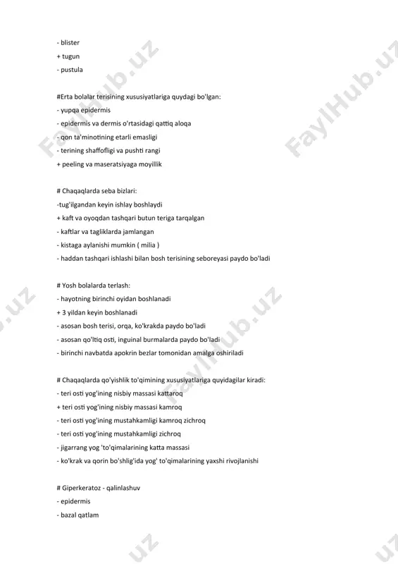 distrofiyasi +pellagra - tirnoq distrofiyasi - glossit - stomatit #teri yoshi bilan u paydo bo'ladi - terining biokimyoviy tarkibining o'zgarishi - epidermisdagi ferment faolligining pasayishi - dermisdagi ferment faolligini oshirish - terida kaltsiy va kaliy miqdorining oshishi + yuqoridagilarning barchasi #epidermisning gipertrofiyasi - qalinlashuv - shox parda - donador qatlam - bazal qatlam - o'murtqa qatlam qatlami + bazaldan tashqari terining barcha qatlamlari #glyukokortikoid gormonlarini tashqi foydalanish bilan kuzatilgan asoratlarga kiradi - terining atrofiyasi - pyoderma - keloid chandiq - giperkeratoz + to'g'ri a) va b) #blister paydo bo'lganda, - dermisning infiltratsiyasi + papiller dermisning shishishi - vazodilatatsiya - akantoz - a) va c) to'g'ri #teri atrofiyasi - papiller qavatning tekislanishi - to'r qatlamining yupqalashishi dermo-epidermal chegaraning silliqligi - dermal tomirlar sonining kamayishi + yuqoridagilarning barchasi d) tashqari #morfologik elementlarni baholash aniqlashni o'z ichiga oladi - o'lchamlar va ranglar - shakllar va konfiguratsiyalar - izchillik - sirt, pastki, mazmuni, chegaralari …