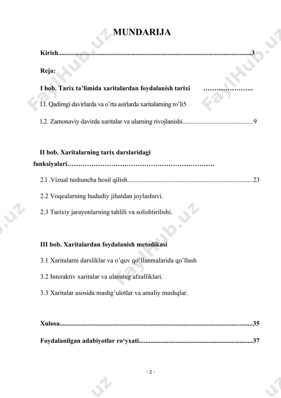 ahamiyatini tahlil qilish, o'quvchilarning tarixiy bilim va ko'nikmalarini rivojlantirishda ularning o'rni va samaradorligini aniqlashdan iborat. kurs ishining vazifalari: tarix ta’limida xaritalarning rivojlanish tarixi va ahamiyatini o’rganish: xaritalarning turlarini aniqlash va ularning ta’limdagi o’rnini ko’rsatish: xaritalarning tarix darslaridagi funksiyalarini tahlil qilish: xaritalardan foydalanish metodikasini ishlab chiqish va amalda qo’llash o’quvchilarning xarita bilan ishlash malakasini rivojlantirish usullarini o’rganish: nazariy va amaliy tavsiyalar ishlab chiqish kurs ishining amaliy axamiyati, shundan iboratki, unda ilgari surilgan g`oyalardan amaliyotchi o`qituvchilar ta`lim-tarbiya jarayonida keng foydalanishlari mumkin. kurs ishi: kirish, iii bob, 8 fasl, xulosa va foydalanilgan adabiyotlar ro`yxatidan iborat. i bob tarix ta’limida xaritalardan foydalanish tarixi l.l. qadimgi va o’rta asirlar davrida xaritalarning o’rni qadimgi va o’rta asrlar davrida xaritalarning o’rni qadimgi va o’rta asrlar davrida xaritalar turli maqsadlarda qo’llanilgan va jamiyatlar hayotida muhim rol o'ynagan. bu davr mobaynida yaratilgan xaritalar nafaqat geografik bilimlarni, balki diniy, kosmologik va iqtisodiy tushunchalarni ham aks ettirgan. qadimgi davrlar qadimgi misr …