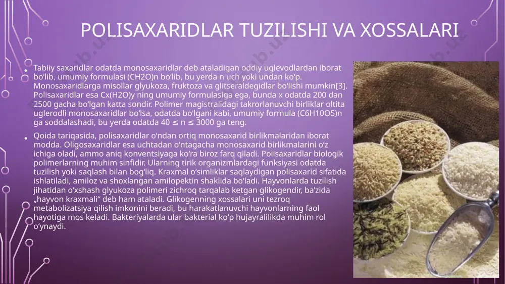 n tolalar diabet xavfini kamaytirish bilan bogʻliq boʻlsada, uni sodir boʻlish mexanizmi nomaʼlum. hali rasmiy ravishda muhim makronutrient sifatida tavsiya etilmagan (2005-yil holatiga koʻra), xun tolasi dieyta uchun muhim deb hisoblanadi, koʻplab rivojlangan mamlakatlarning nazorat organlari tola isteʼmolini oshirishni tavsiya qiladi baʼzi muhim tabiiy strukturaviy polisaxaridlar polisaxaridlar tuzilishi va xossalari kraxmal kraxmal glyukoza polimeri boʻlib, glyukopiranozalarning alfa -bogʻlanishlari bilan bogʻlangan. u amiloza (15-20 %) va amilopektin (80-85 %) aralashmasidan iborat. amiloza bir necha yuzlab glyukoza molekulalarining chiziqli zanjiridan iborat. amilopektin esa bir necha ming glyukoza birliklaridan tashkil topgan tarvaqaylab ketgan molekuladir. kraxmallar suvda erimaydi. ular alfa -bogʻlanishlarni (glikozid bogʻlarini) buzish orqali hazm boʻladi. odamlarda ham, boshqa hayvonlarda ham amilazalar mavjud, shuning uchun ular kraxmalni hazm qilishlari mumkin. kartoshka, guruch, bugʻdoy va makkajoʻxori inson ratsionida kraxmalning asosiy manbalari hisoblanadi. bu oʻsimliklarda kraxmalni boʻlishi, oʻsimliklar tarkibidagi glyukoza bogʻliqdir. polisaxaridlar tuzilishi va xossalari glikogen hayvon va qoʻziqorin hujayralarida ikkilamchi uzoq muddatli energiya zaxirasi …