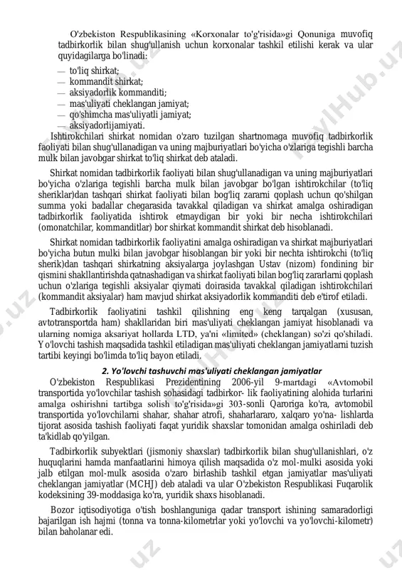 orxonalarning yo'q bo'lib ketishiga, ko'pchilik tarmoqlar esa o'z tarkibida alohida transport bo'limlarini tashkil etishiga olib keldi). avtomobil transporti sohasida monopoliyadan chiqarish va boshqaruvni takomillashtirish ishlari o'zbekiston respublikasi prezidentining 2001-yil 4- iyundagi «avtomobil transporti sohasida monopoliyadan chiqarish va boshqaruvni takomillashtirish to'g'risida»gi farmonidan so'ng tez sur'atlar bilan amalga oshirila boshlandi. o'zbekiston respublikasining «tadbirkorlik faoliyati erkinligi to'g'risida»gi qonunining asosiy vazifasi fuqarolarning tadbirkorlik faoliyatida erkin ishtirok etishi va manfaatdorligi uchun kafolatlar hamda sharoitlar yaratishdan, ularning ishchanlik faoliyatini oshirishdan, shuningdek, tadbirkorlik faoliyati subyektlarining huquqlari va qonuniy manfaatlarini himoya qilishdan iborat deb belgilab qo'yilgan. qonunda tadbirkorlik faoliyatiga quyidagicha ta'rif berilgan: tadbirkorlik faoliyati subyektlari tomonidan qonun hujjatlariga muvofiq amalga oshiriladigan, tavakkal qilib va o'z mulkiy javobgarligi ostida daromad (foyda) olishga qaratilgan tashabbuskor faoliyat. tadbirkorlik faoliyati mulkiy munosabatlarni taqozo etadi va ular doirasida amalga oshiriladi. mamlakatimizda bozor iqtisodiyoti sharoitida shakllangan va tobora rivojlanib borayotgan tadbirkorlik mulkchilikning quyidagi shakllariga: — tadbirkorning o'z mol-mulki; — boshqa jismoniy va yuridik shaxslarning …
